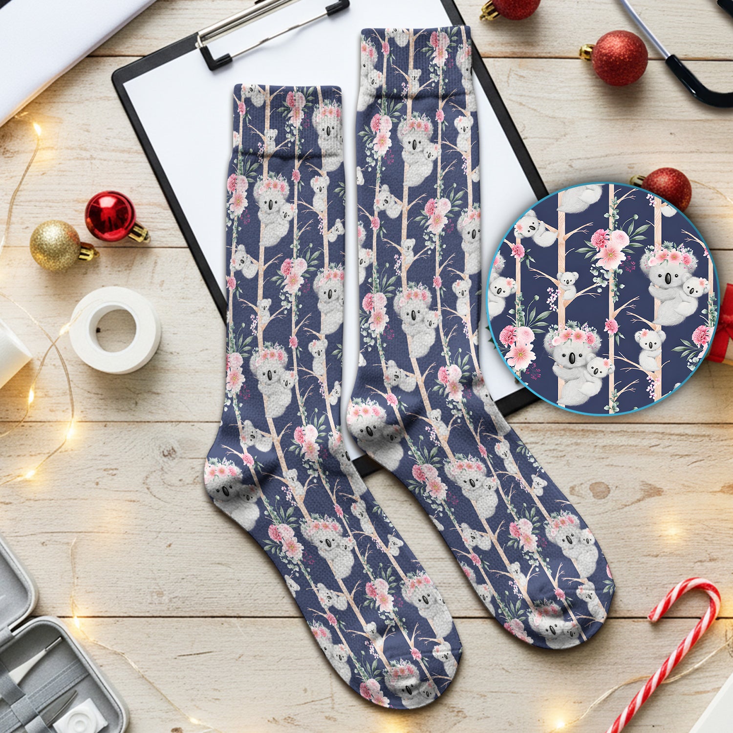 Cute Koala Climbing Tree Blossom Pattern Nurse Socks, Adult Socks for Men and Women