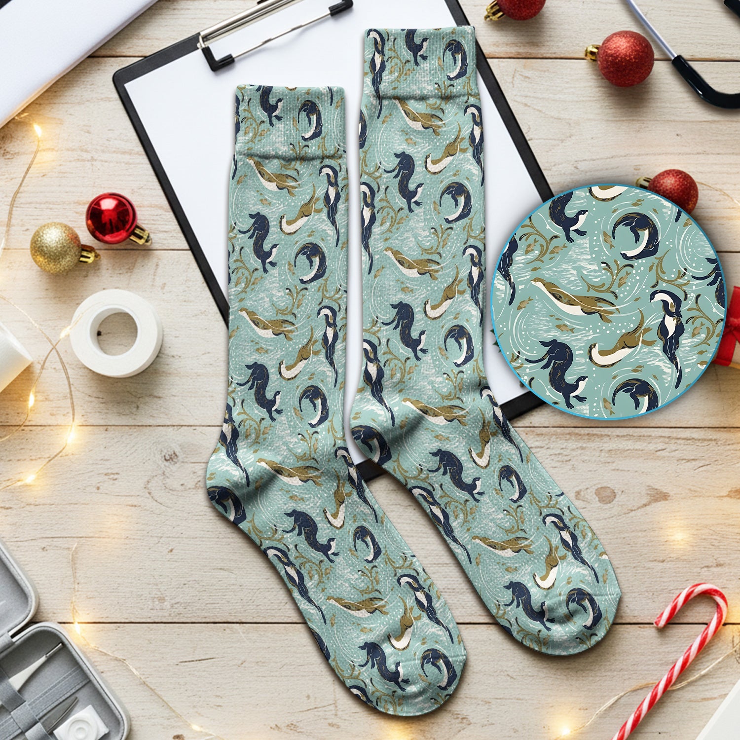 Sea Otter Ocean Wave Coastal Pattern Socks, Adult Socks for Men and Women