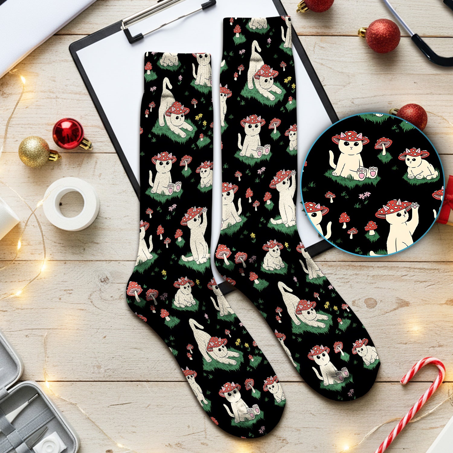 Cute Mushroom Cat Pattern Socks, Socks for Nurse Doctor