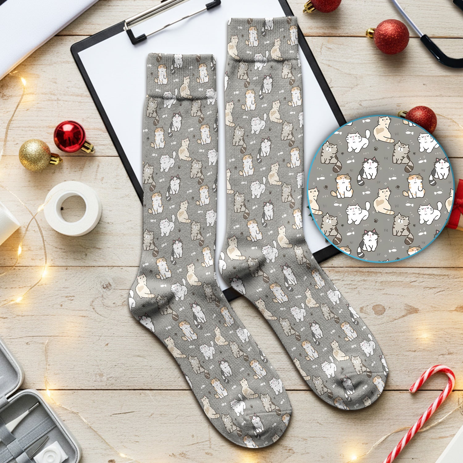 Pastel Cat Scrub Socks, Cute Cat Pattern Nurse Sock, Breathable Fabrics Nursing Uniform