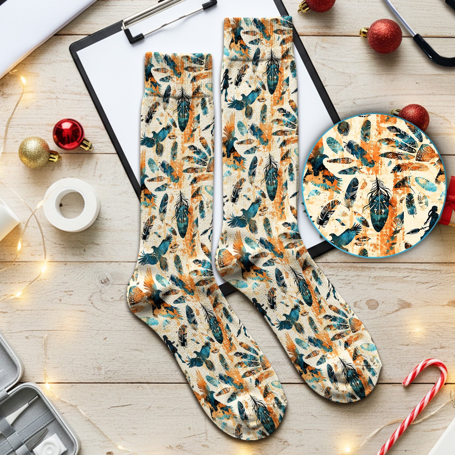 Feather Birds Tribal Print Socks, Adult Socks for Men and Women