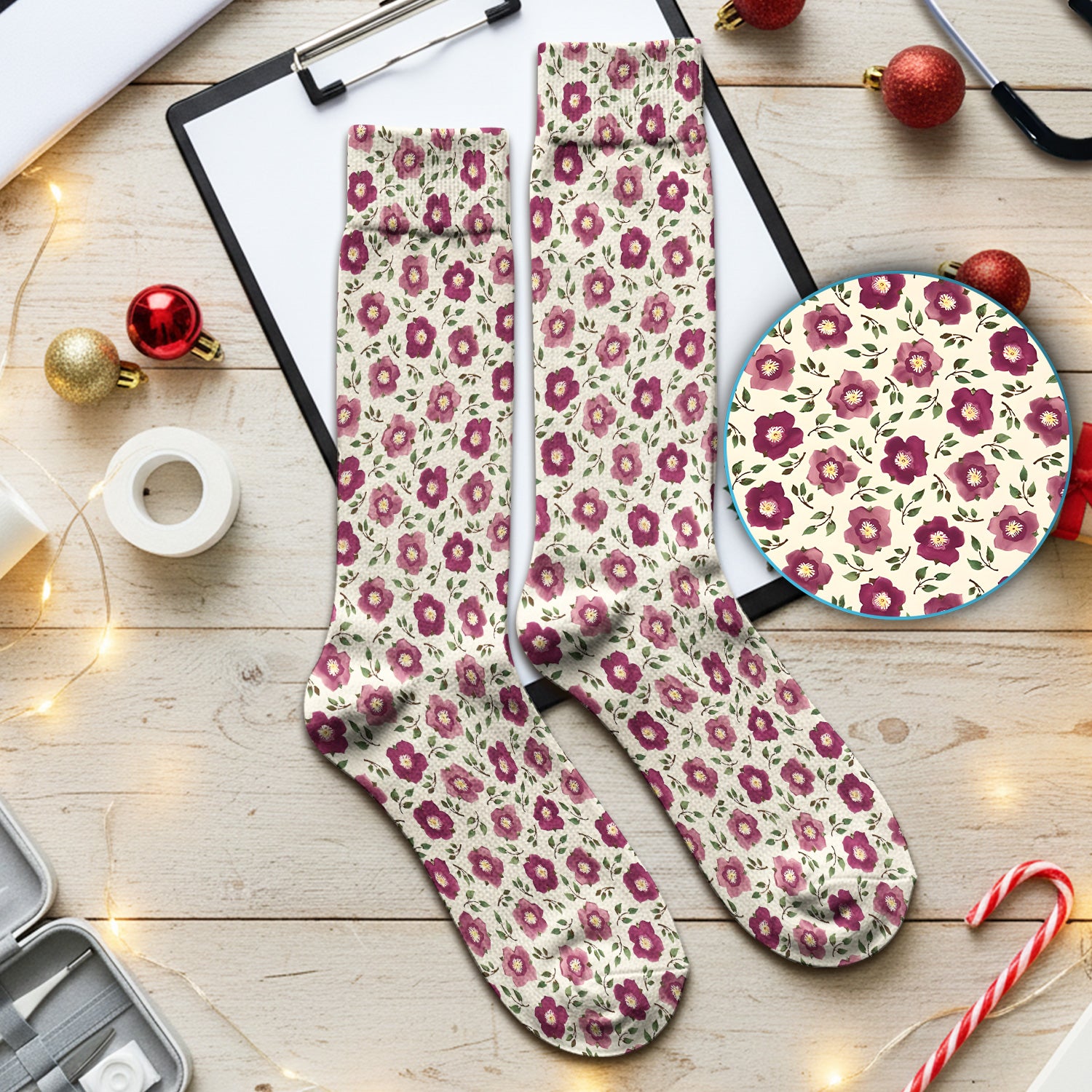 Purple Floral Blossom Leaf Pattern Nurse Socks, Socks for Nurse Doctor
