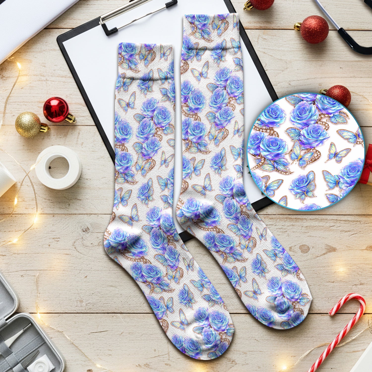 Blue Rose Butterfly Floral Print Socks, Socks for Nurse Doctor