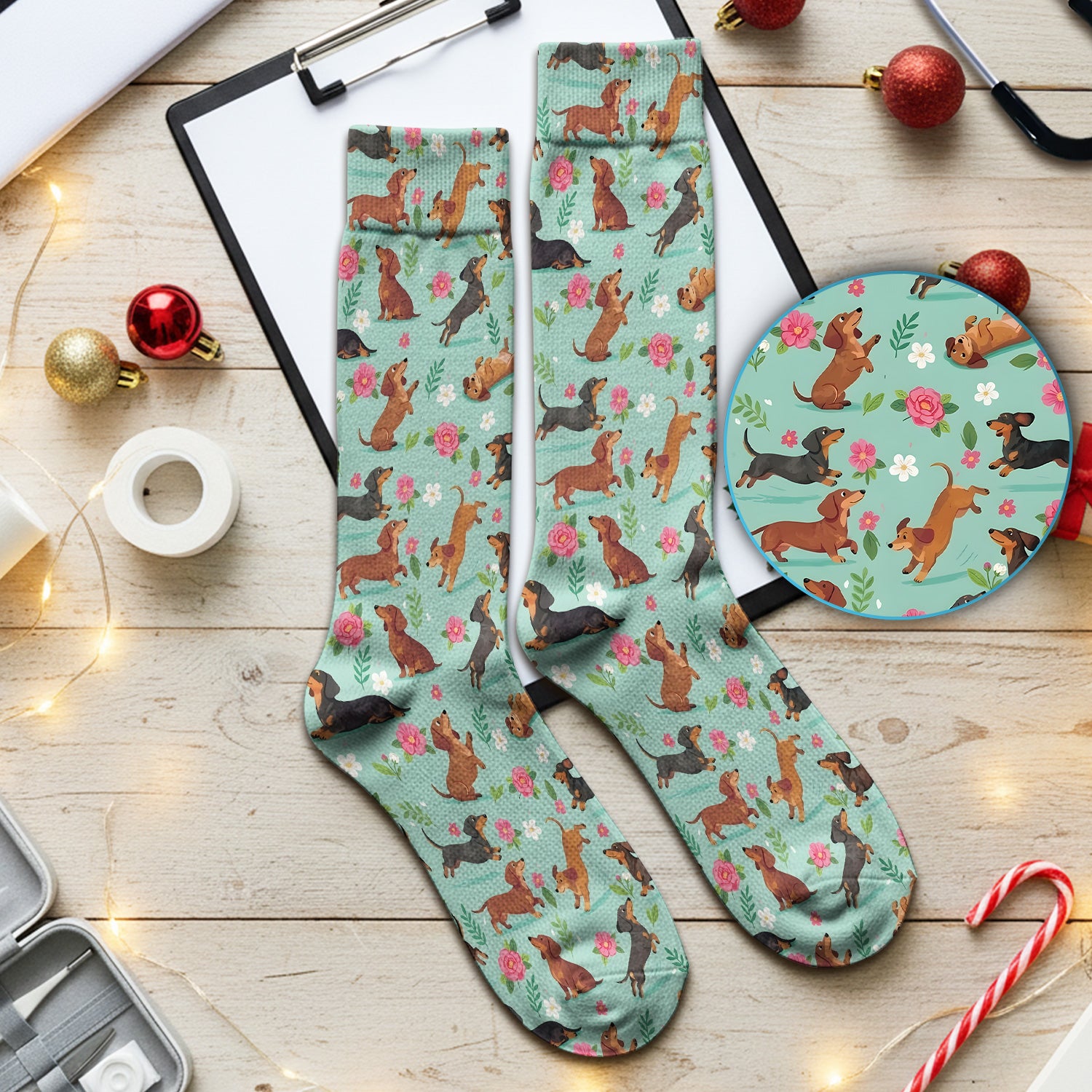 Cute Floral Dachshund Puppy Pattern Socks, Adult Socks for Men and Women