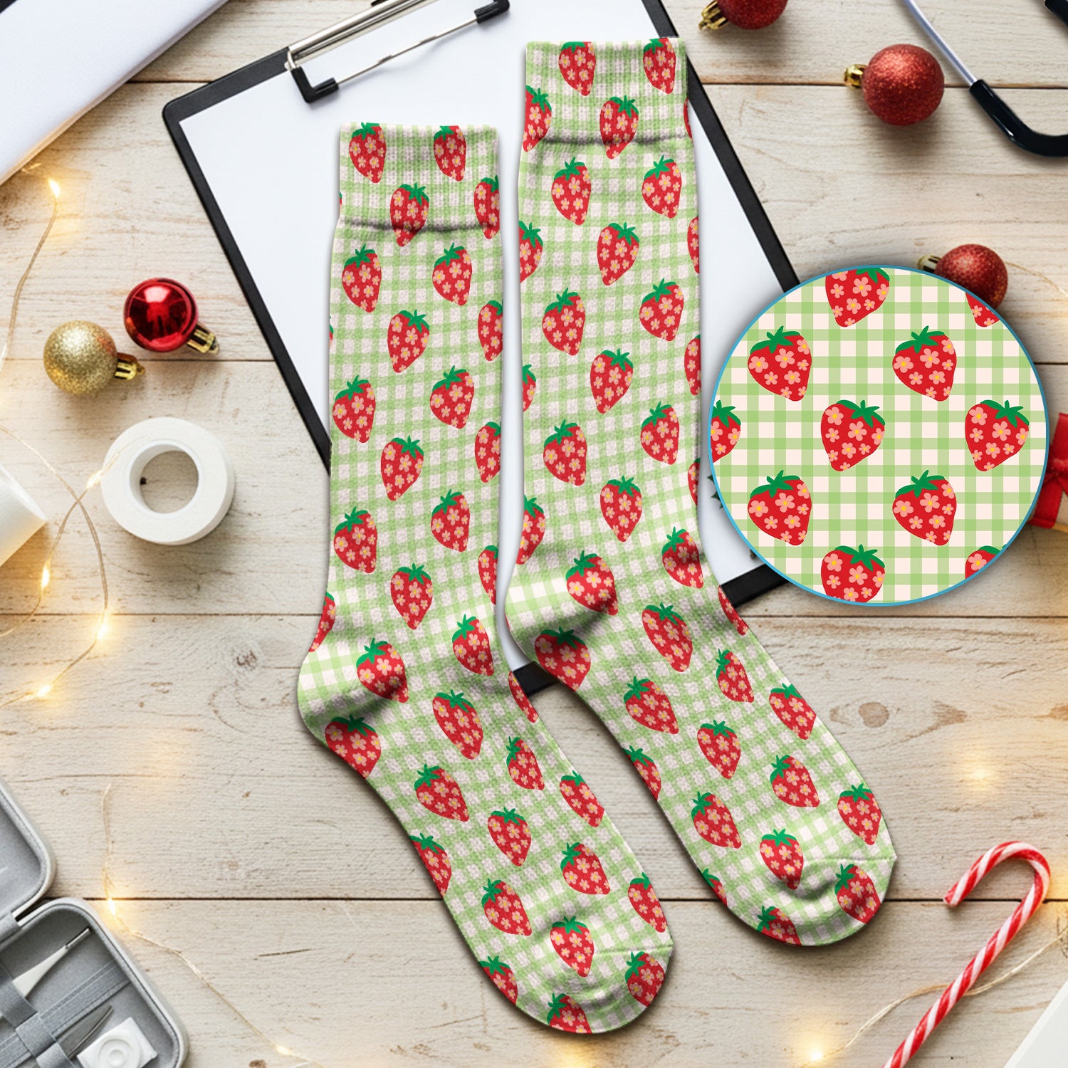 Sweet Strawberry Gingham Pattern Socks, Cute Medical Staff Socks