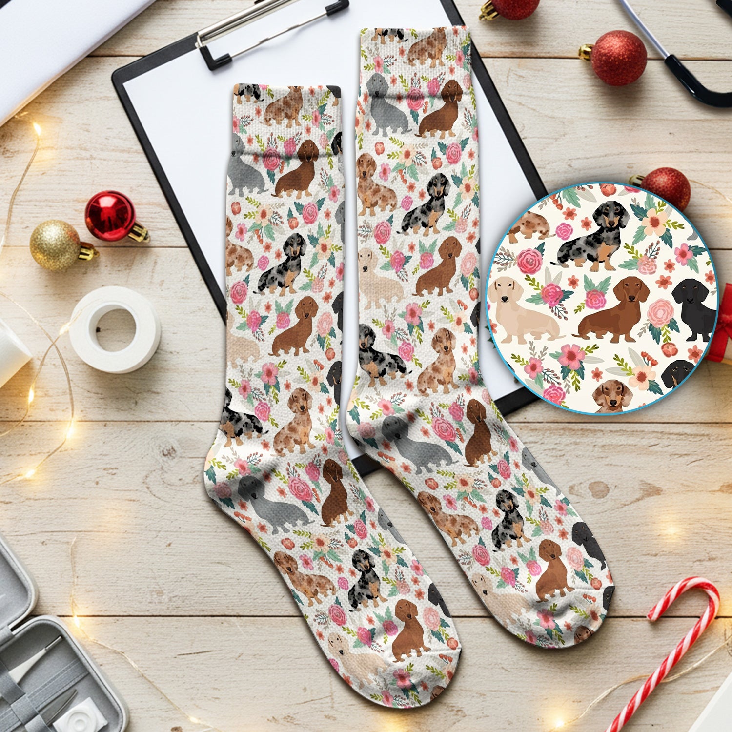 Adorable Dachshund Floral Pattern Socks, Socks for Nurse Doctor