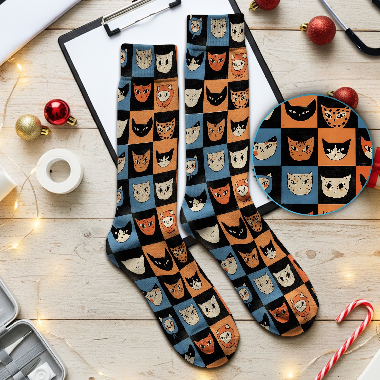 Cute Retro Cat Faces Checkerboard Print Socks, Socks for Nurse Doctor