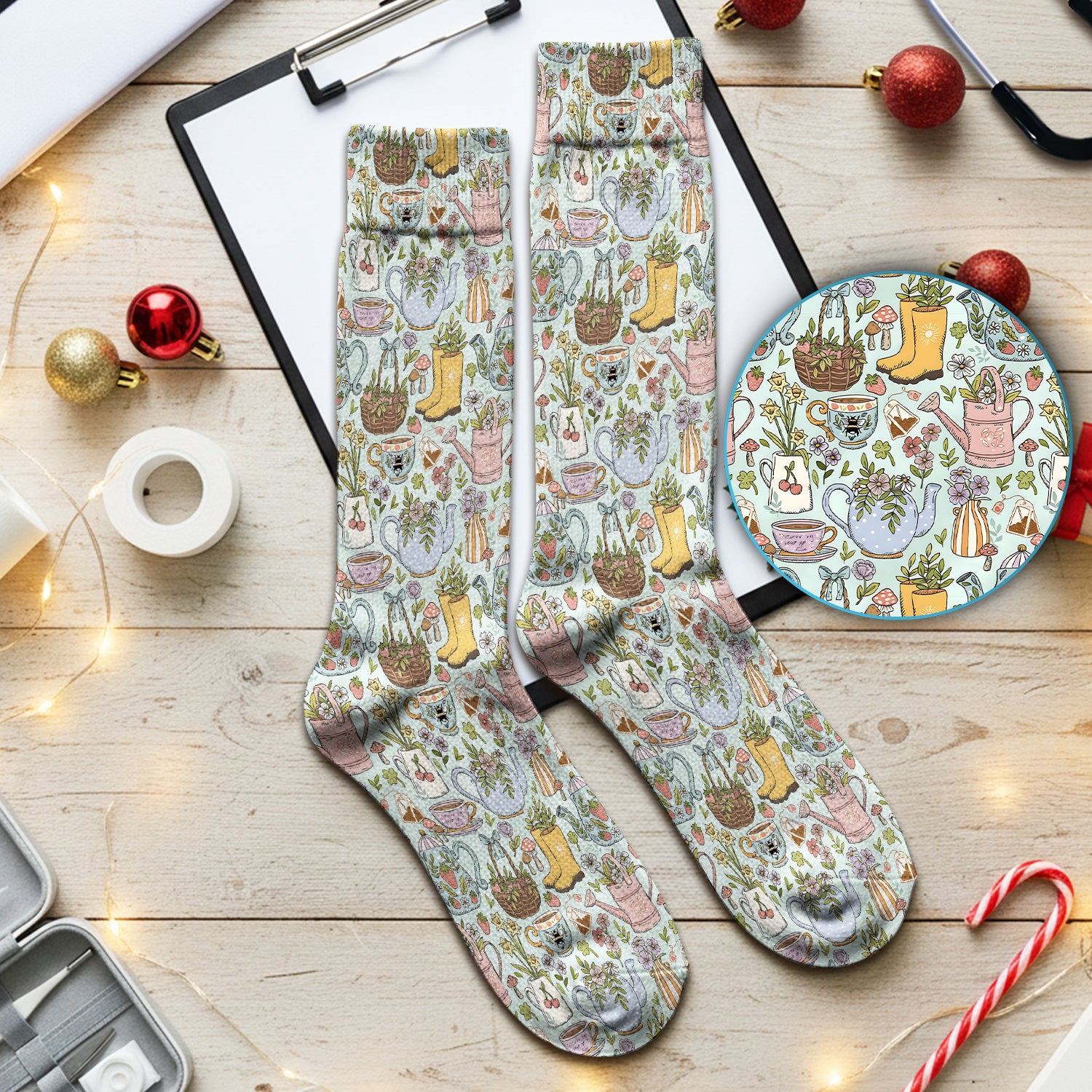 Garden Tea Party Floral Print Socks, Adult Socks for Men and Women