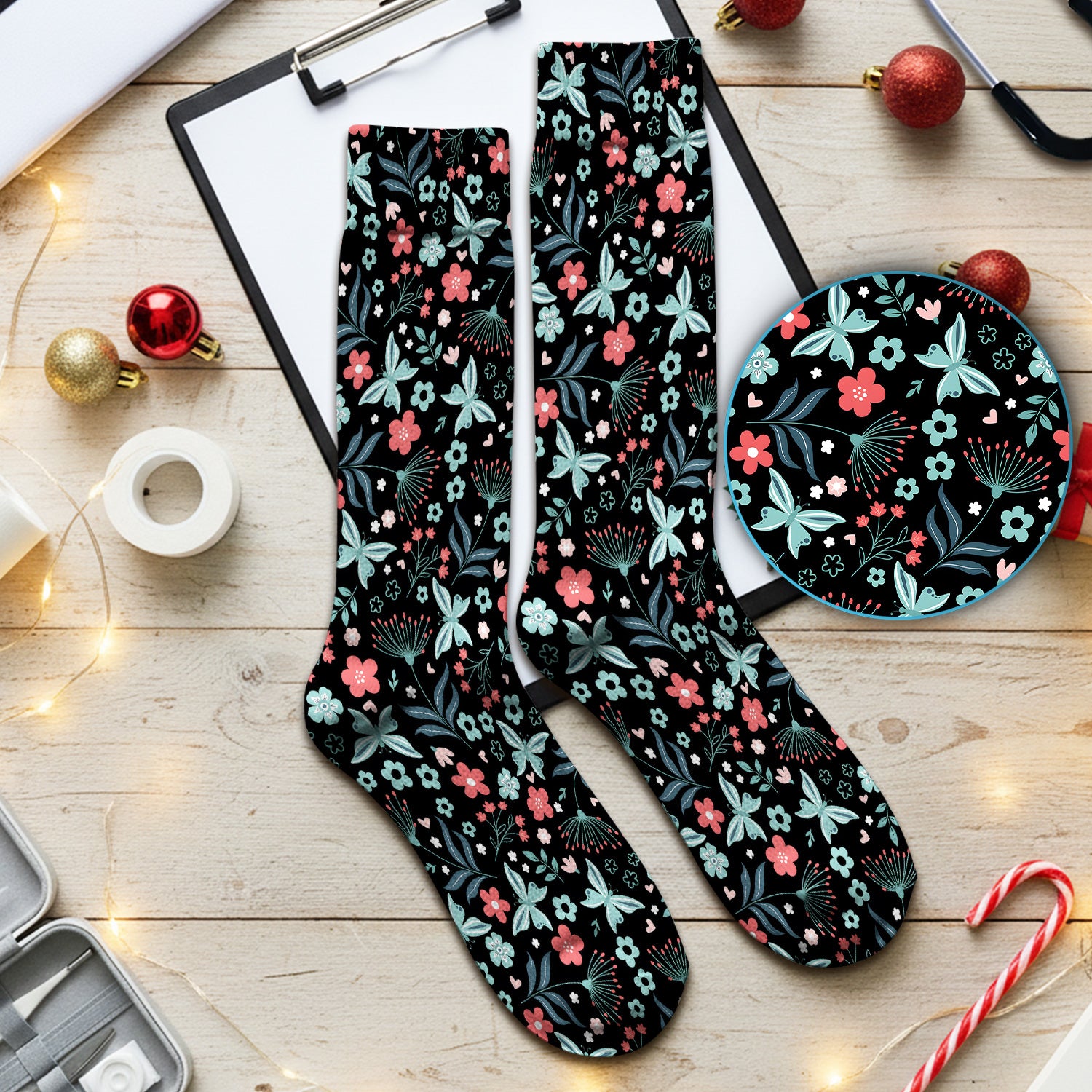 Cute Floral Butterfly Garden Print Socks, Adult Socks for Men and Women