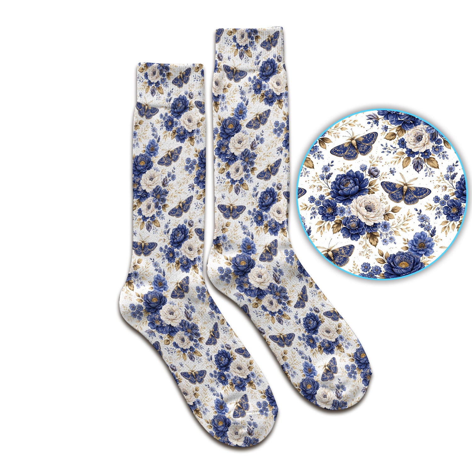 Cute Blue Floral Moth Pattern Socks, Adult Socks for Men and Women