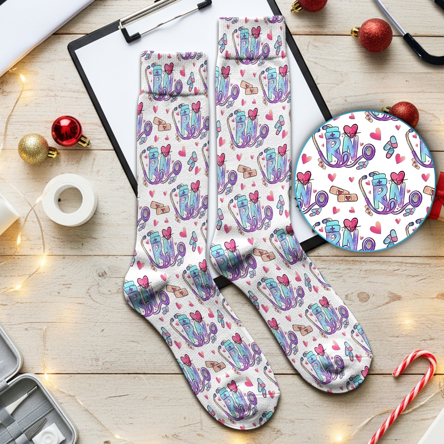 Nurse Life RN Heart Pattern Print Socks, Adult Socks for Men and Women