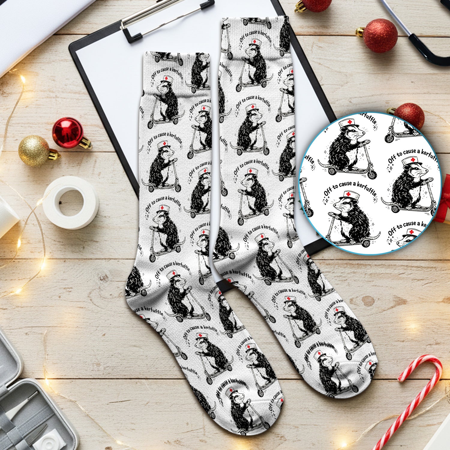 Funny Opossum Nurse Riding Scooter Pattern Socks, Socks for Nurse Doctor