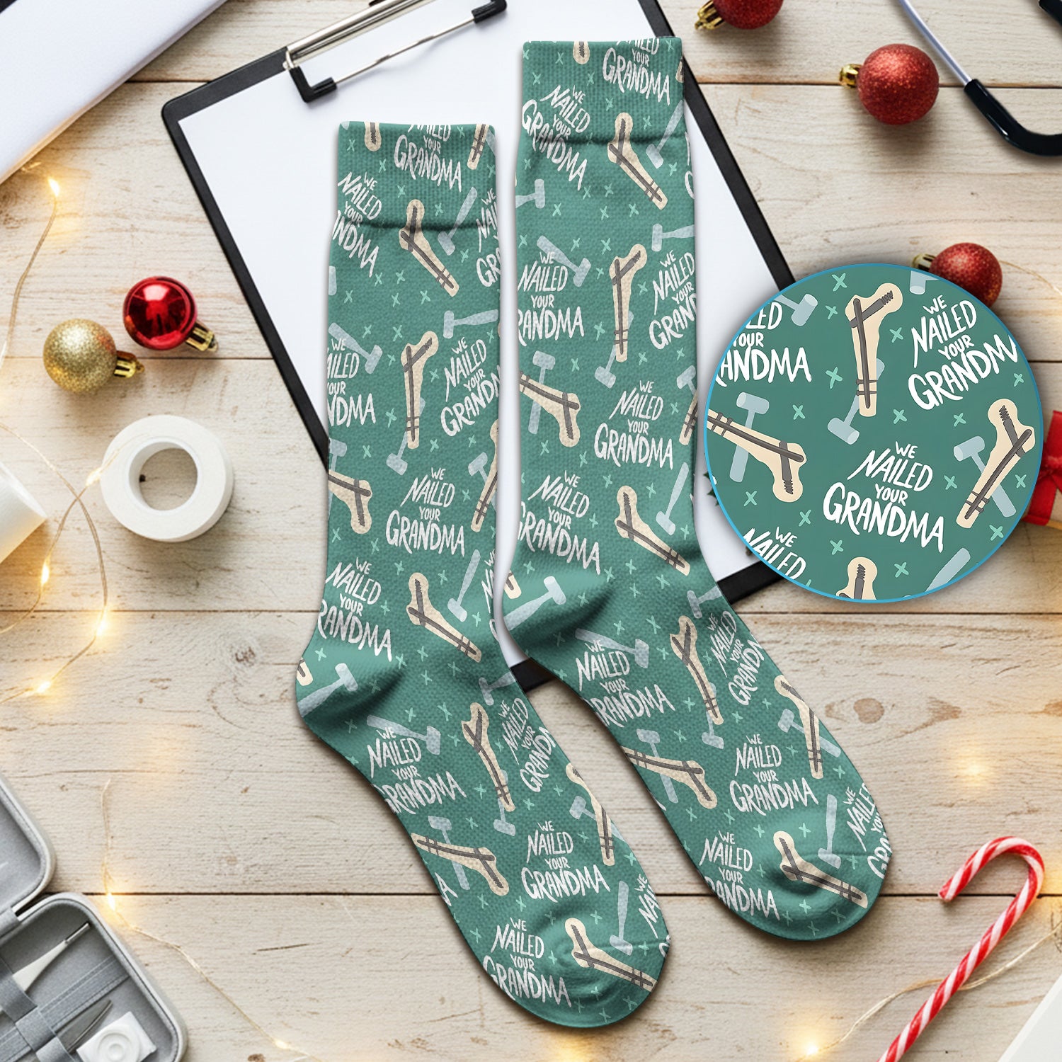Funny Orthopedic Bone Hammer We Nailed Your Grandma Pattern Socks, Adult Socks for Men and Women