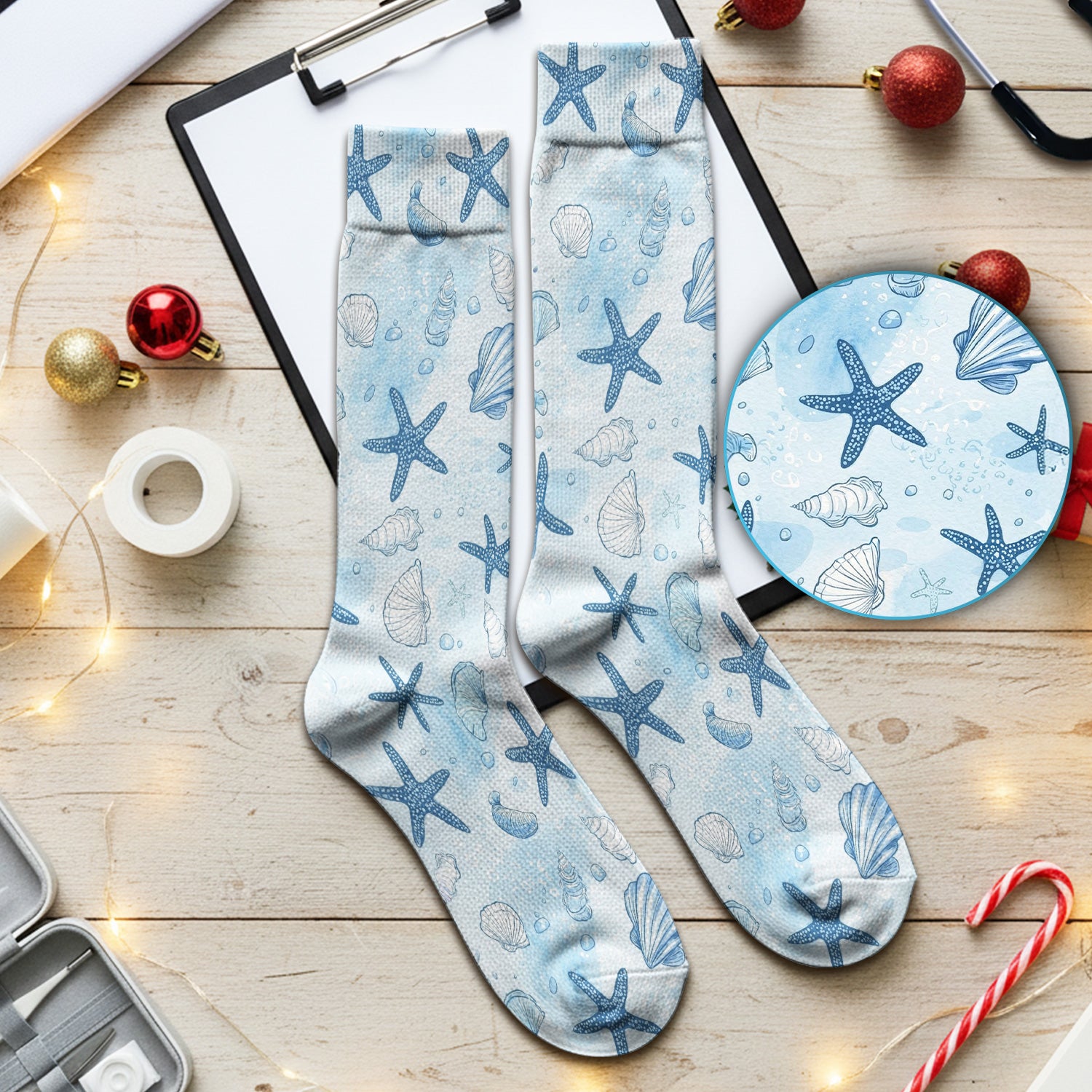 Blue Sea Shells Starfish Pattern Socks, Adult Socks for Men and Women