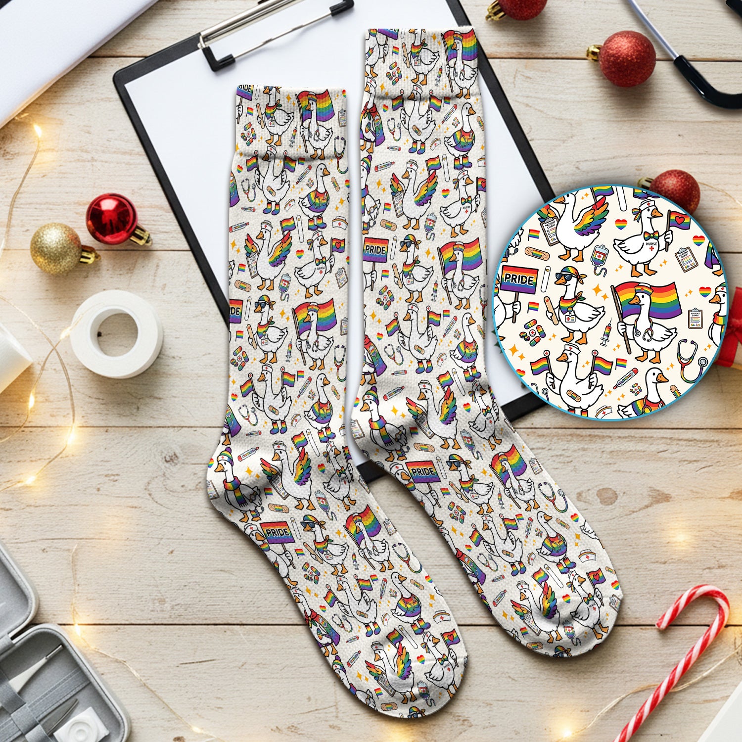LGBT Pride Nurse Duck Pattern Socks, Breathable Fabrics Medical Uniform