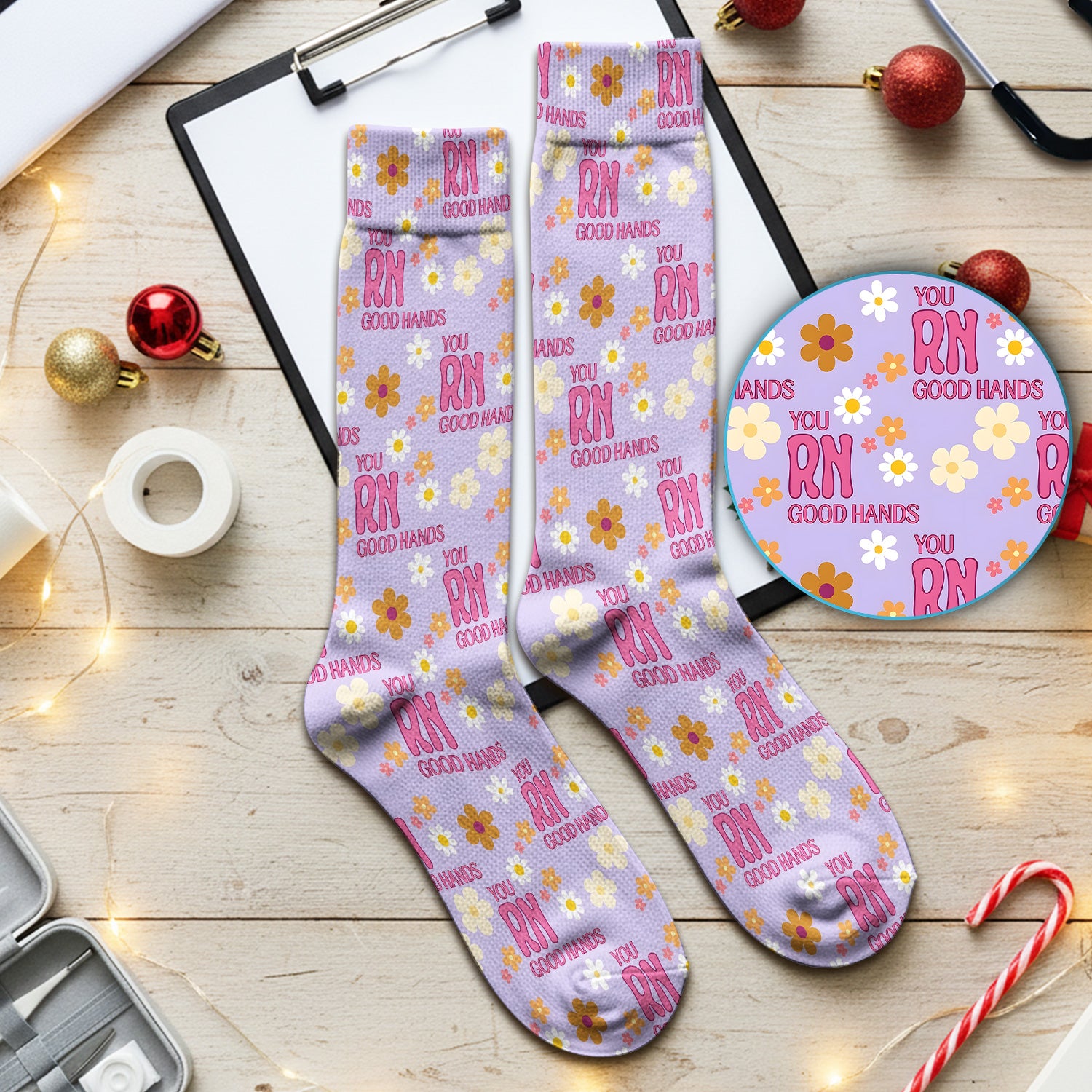 You RN Good Hands Floral Daisy Pattern Socks, Adult Socks for Men and Women