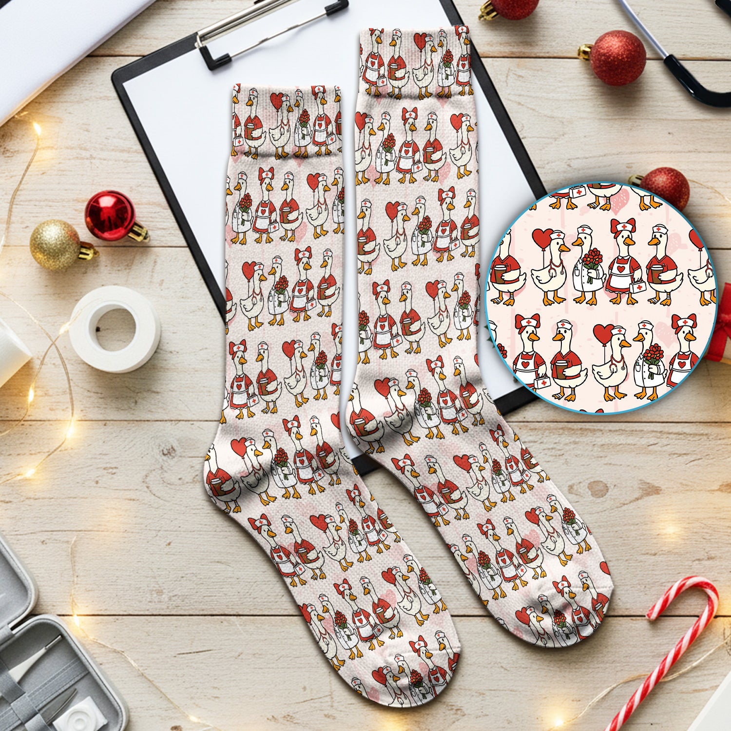 Valentine Nurse Goose with Heart Pattern Socks, Adult Socks for Men and Women