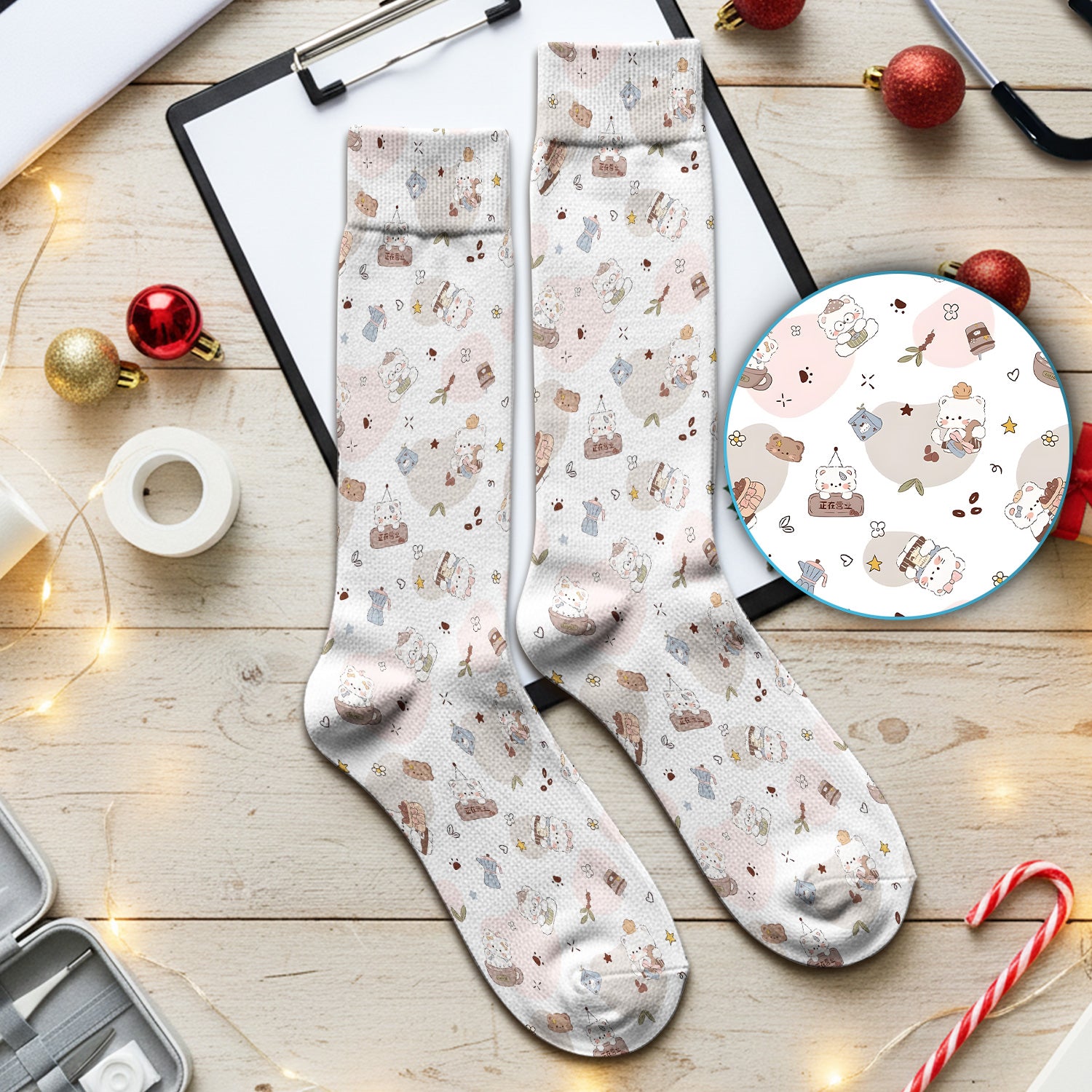 Cute Cat With Coffee Paw Heart Pattern Socks, Adult Socks for Men and Women