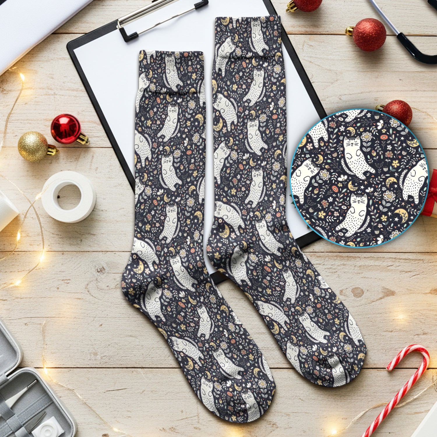 Moonlit Floral Cat Seamless Pattern Socks, Adult Socks for Men and Women