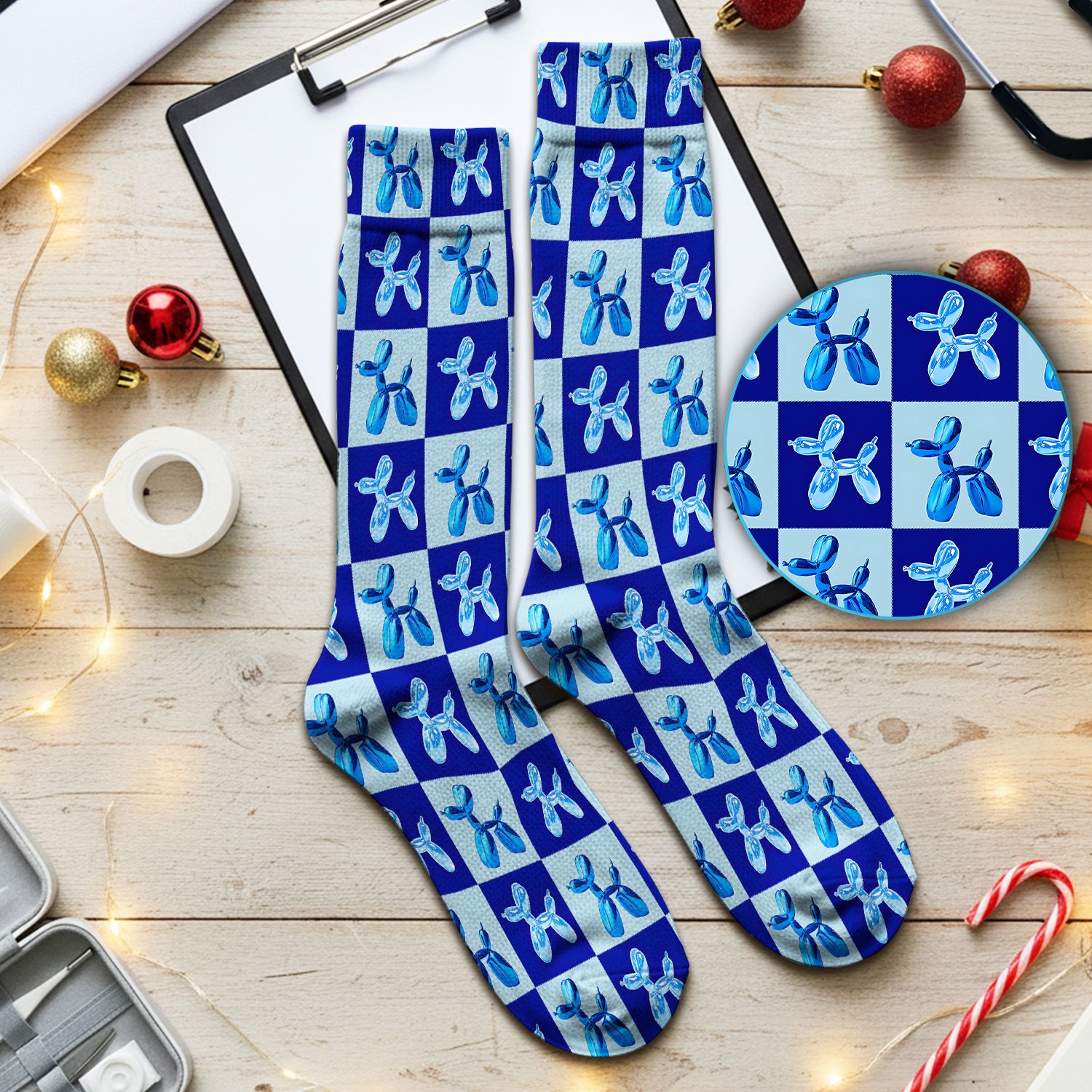 Cute Blue Balloon Dog Checkered Pattern Socks, Socks for Nurse Doctor