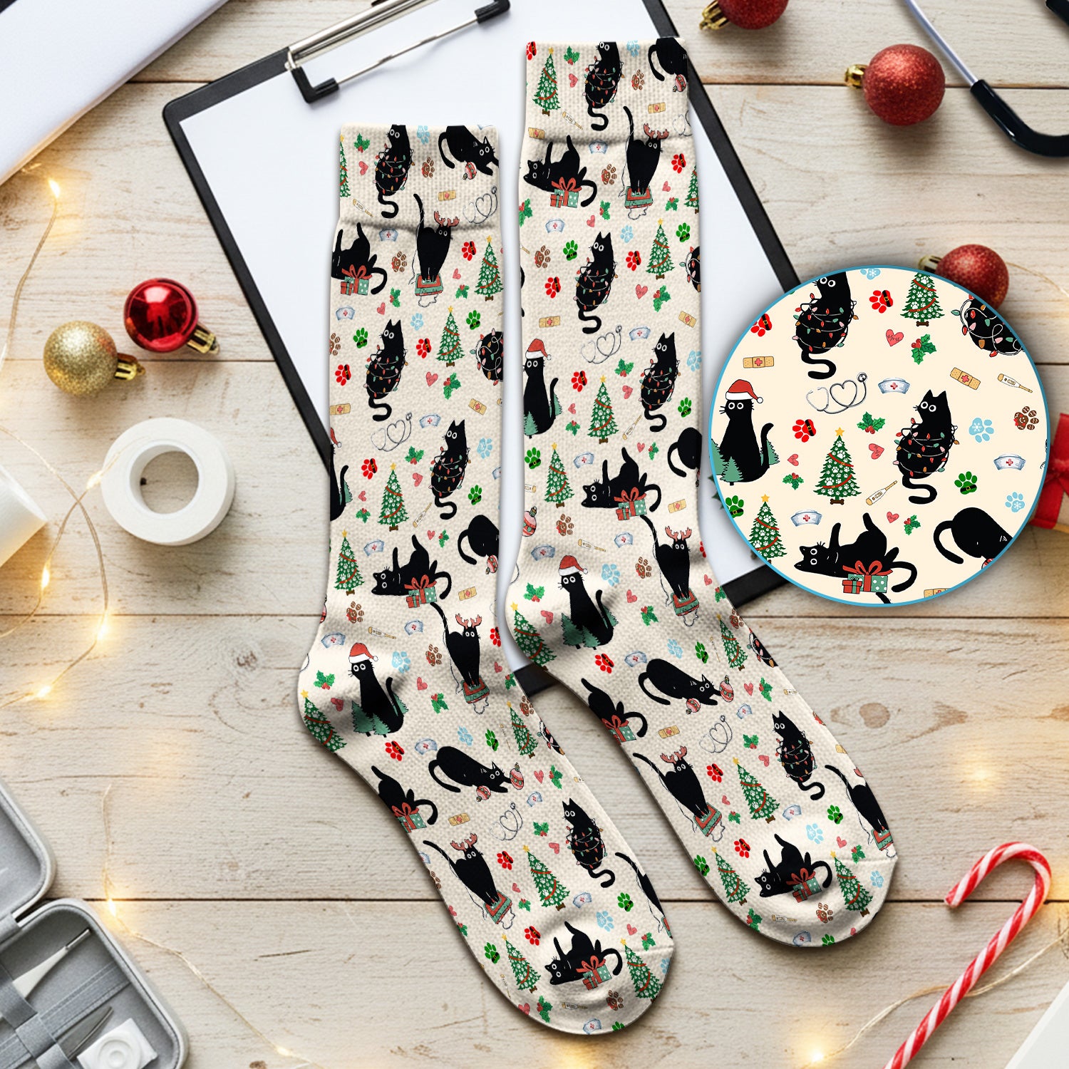 Black Cat Christmas Nurse Scrub Socks, Festive Kitty Medical Uniform for Women