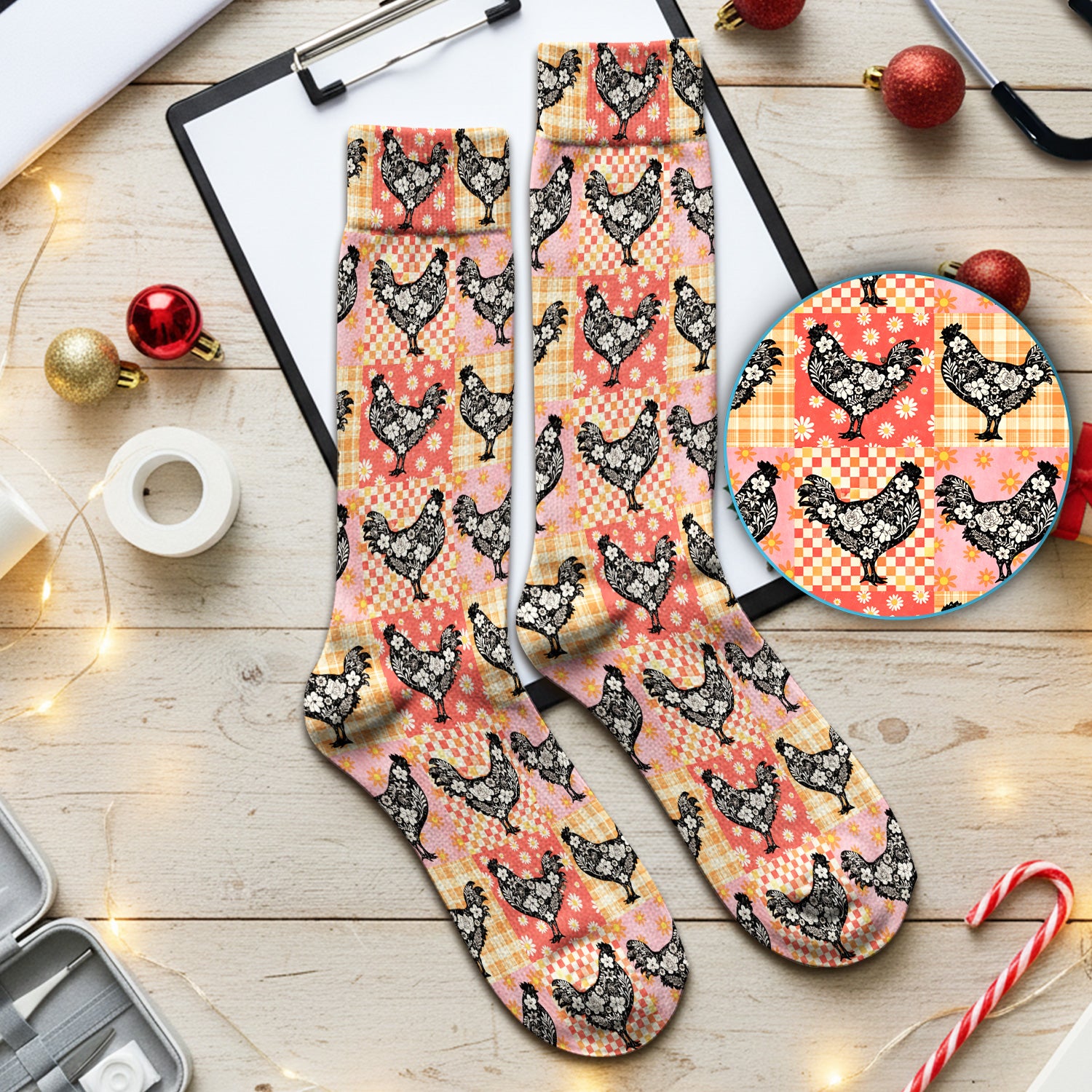 Cute Floral Chicken Patchwork Print Socks, Socks for Nurse Doctor