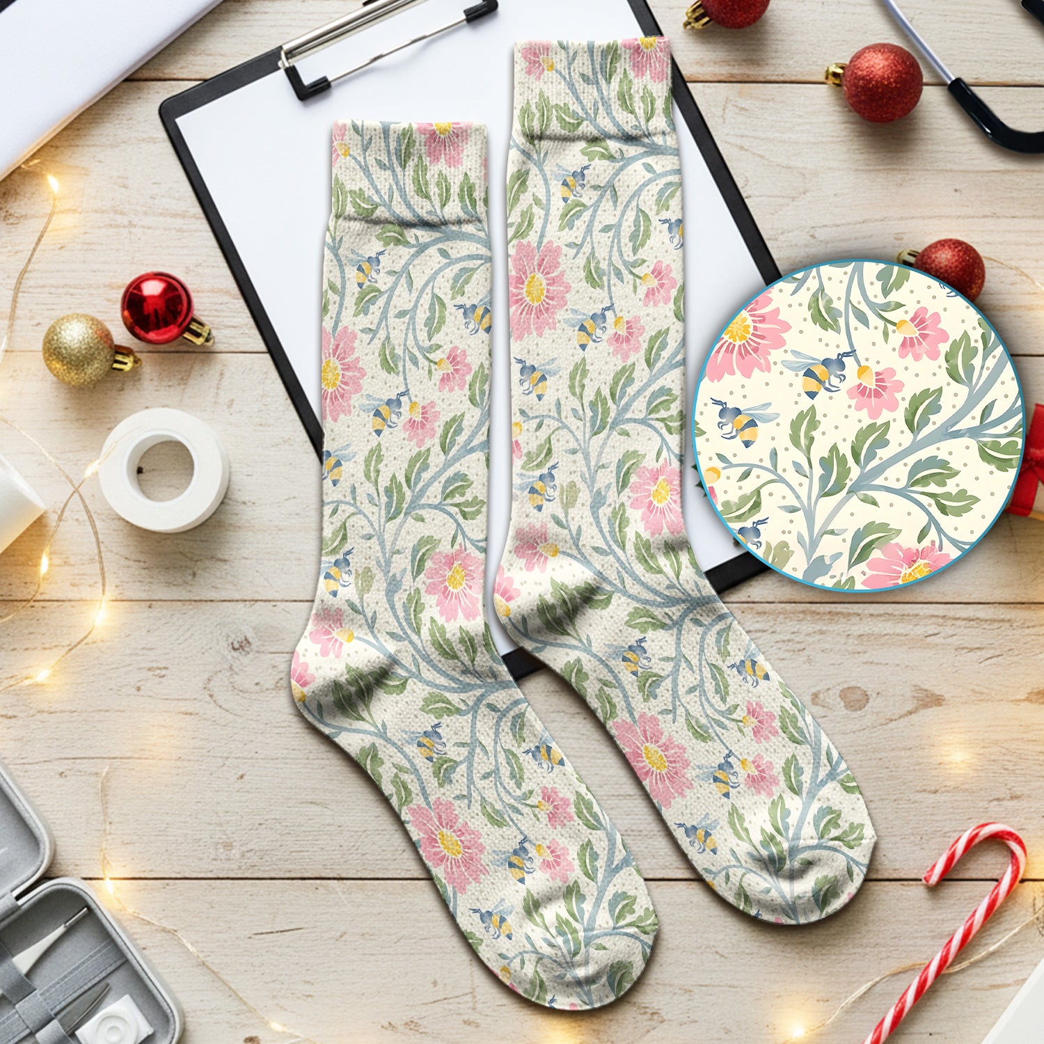 Cute Floral Bee Garden Nurse Pattern Nurse Socks, Socks for Nurse Doctor