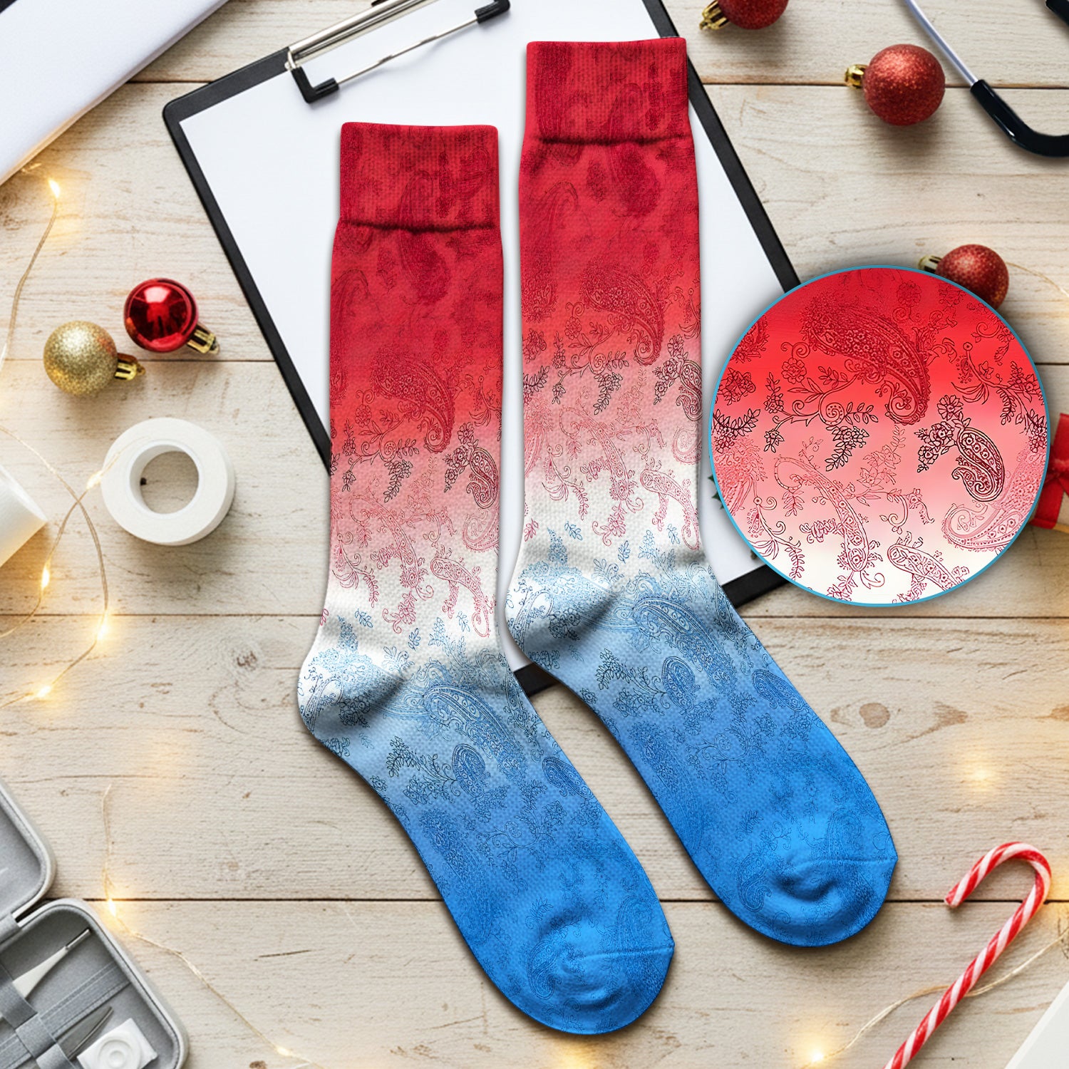 Red Blue Paisley Ombre Pattern Socks, Adult Socks for Men and Women