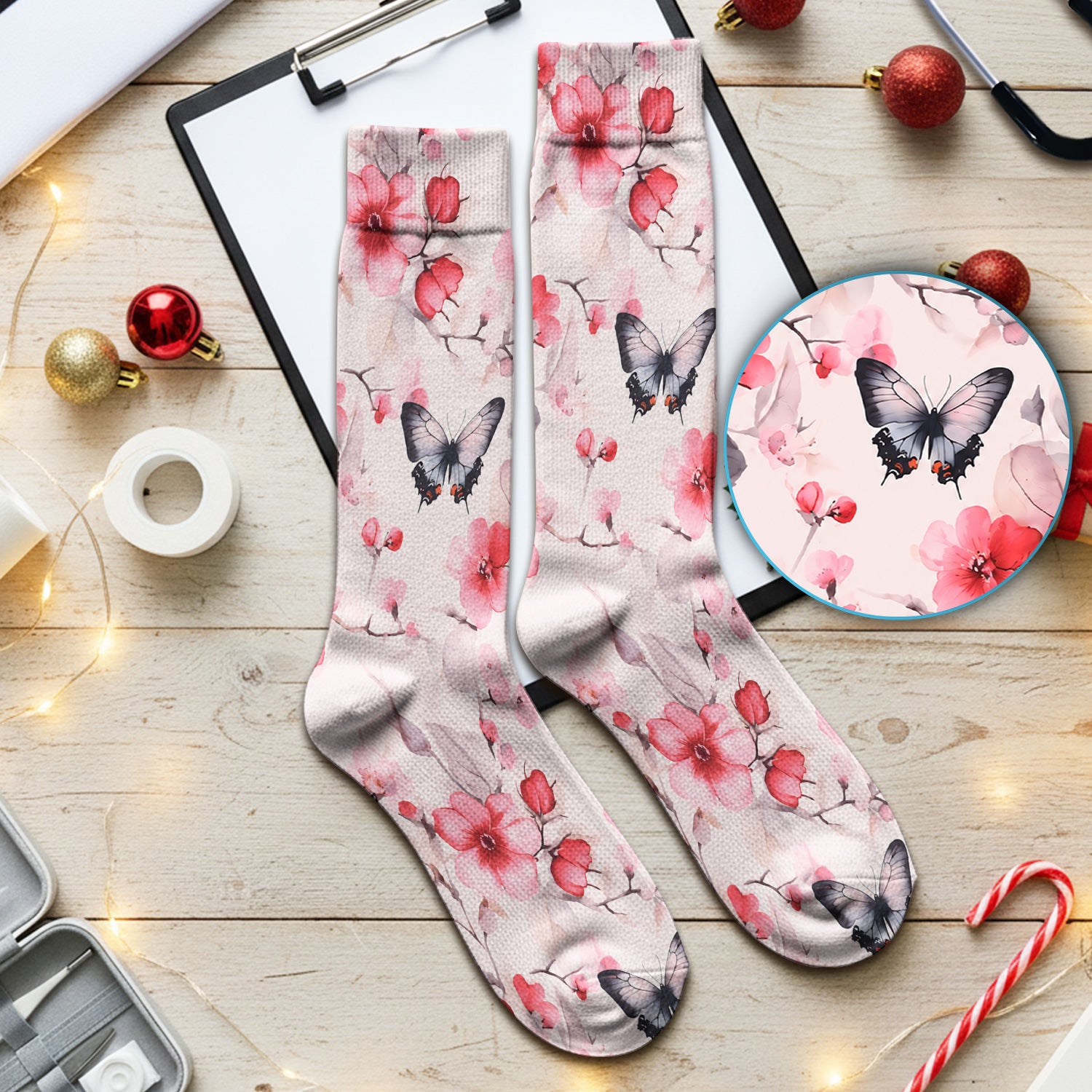 Pink Butterfly Blossom Pattern Socks, Adult Socks for Men and Women