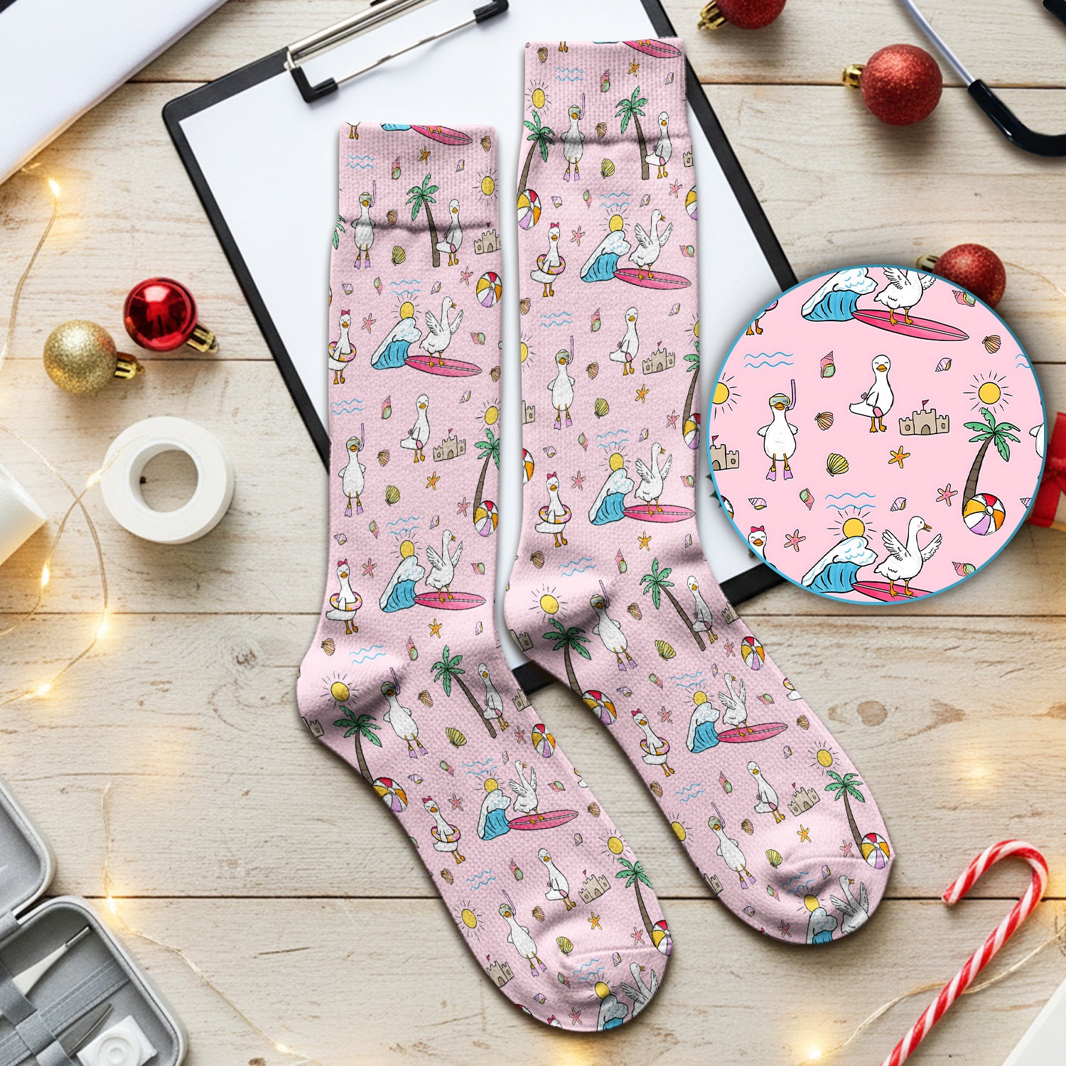 Cute Nurse Seagull Surfboard Beach Palm Tree Pattern Socks, Adult Socks for Men and Women