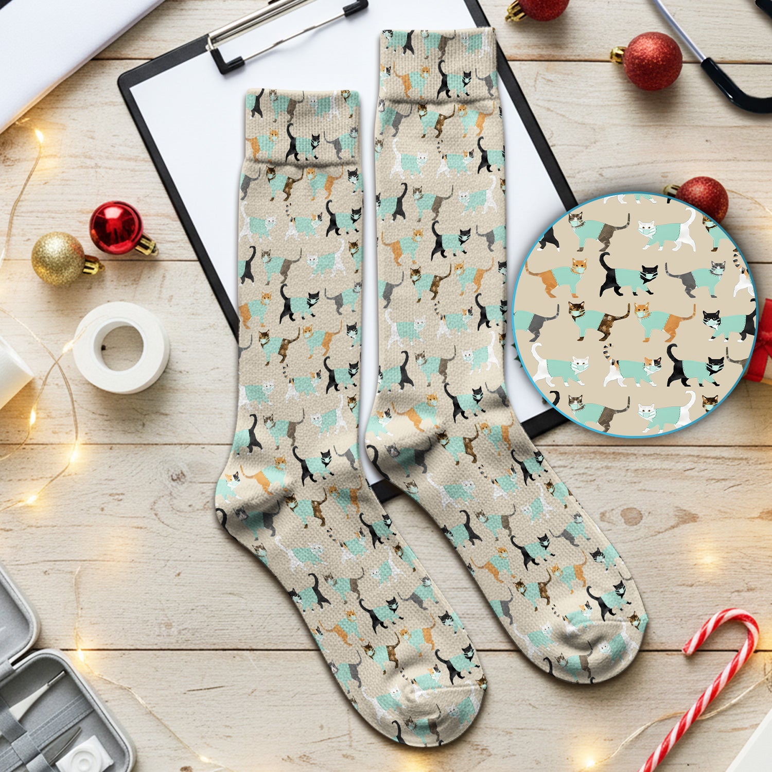 Playful Cat Nurse All Over Print Socks, Breathable Fabrics Medical Uniform