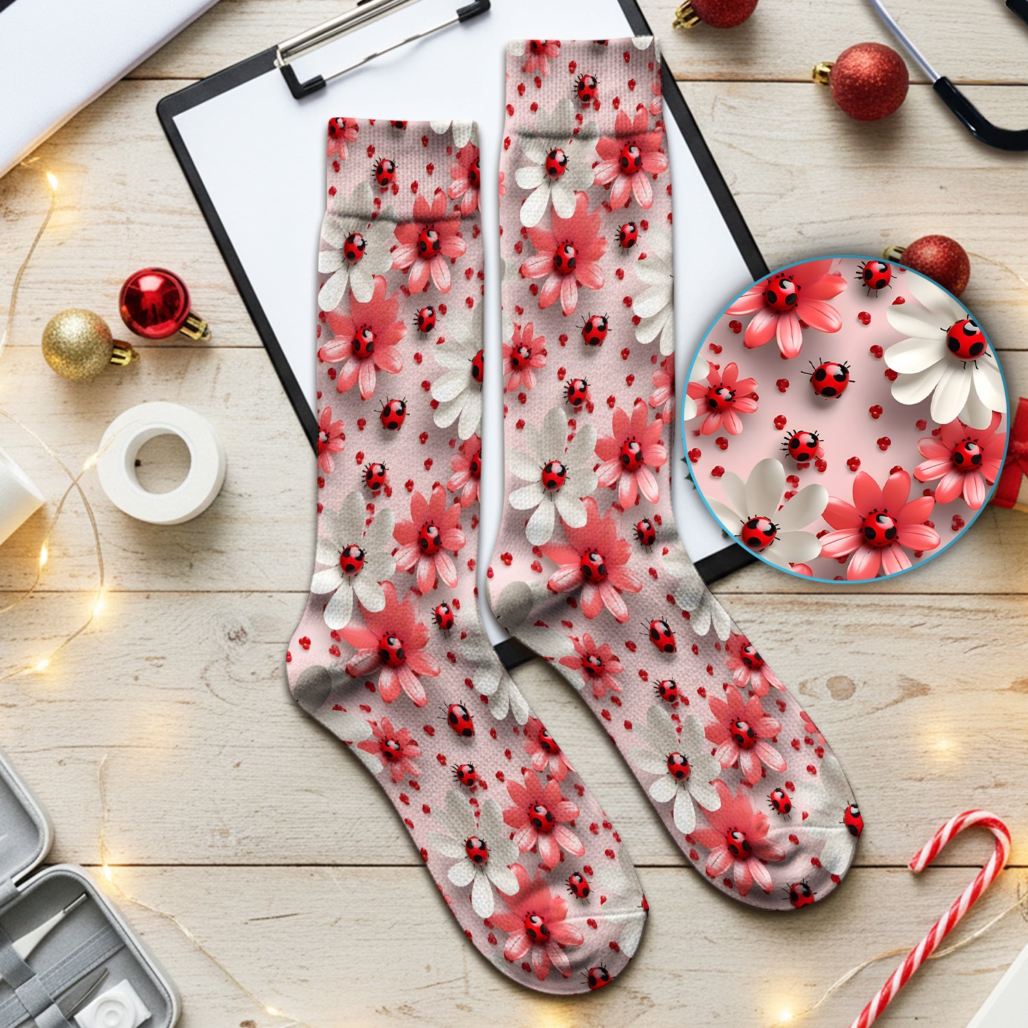 Red Ladybug Flower Pattern Socks, Breathable Fabrics Medical Uniform