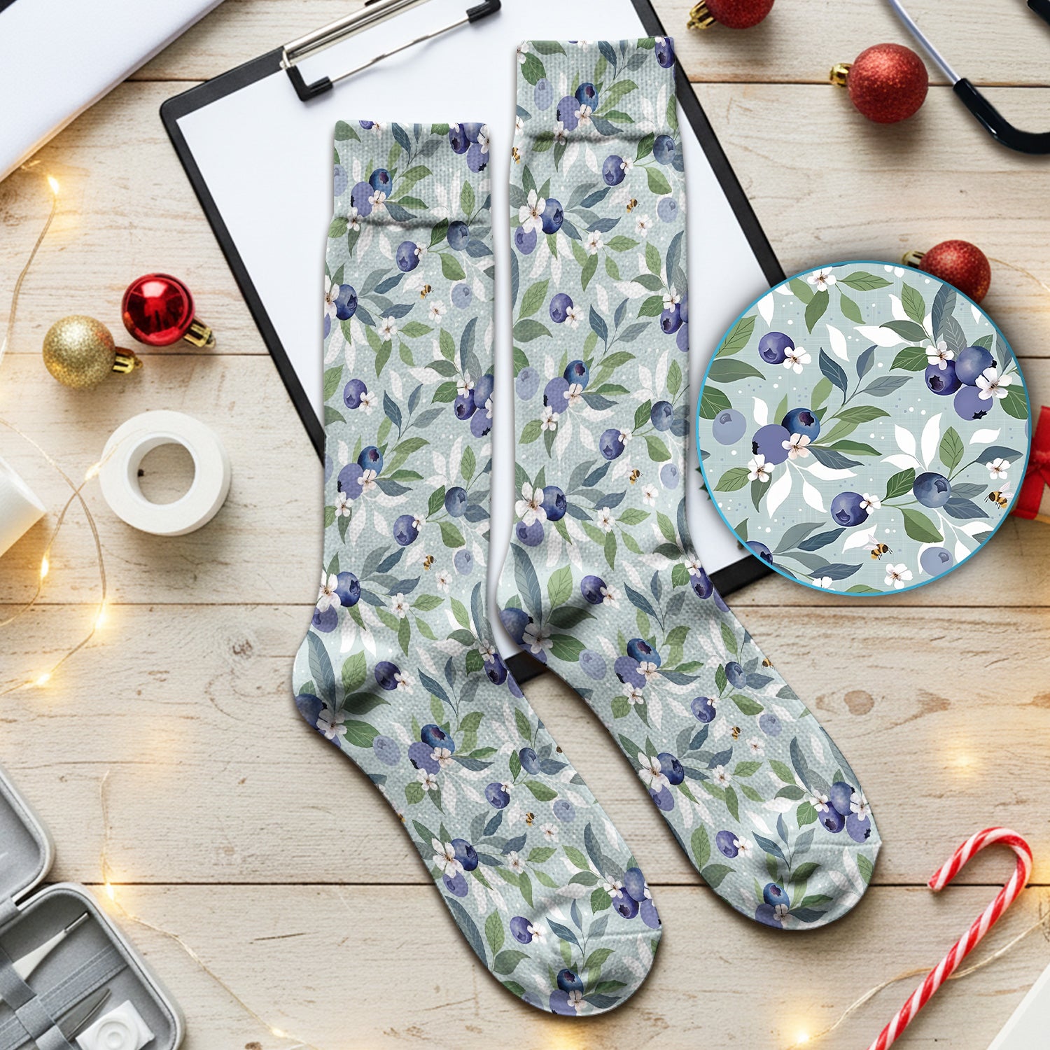 Fresh Blueberry Blossom Garden Pattern Nurse Socks, Adult Socks for Men and Women