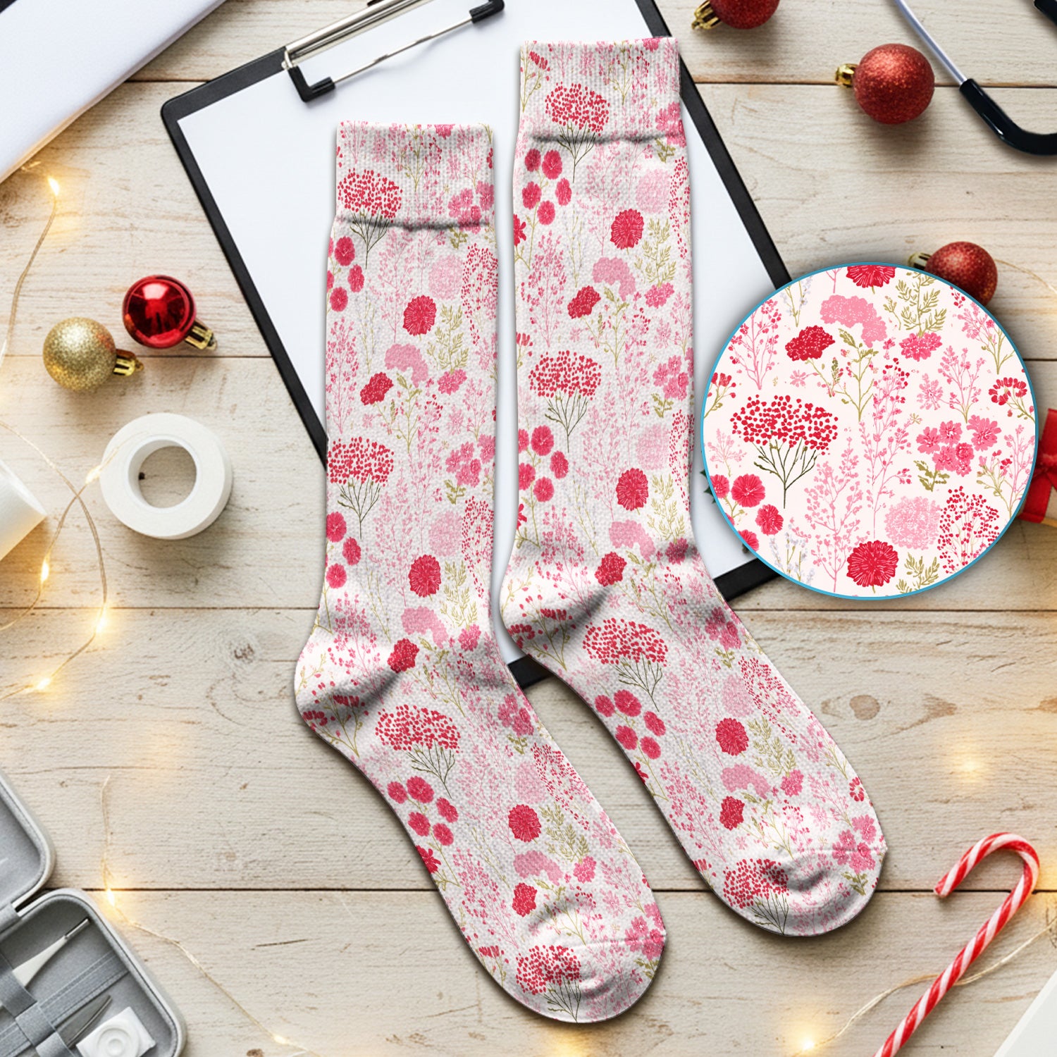 Pink Floral Pattern Allover Print Scrub Socks, Breathable Fabrics Medical Uniform