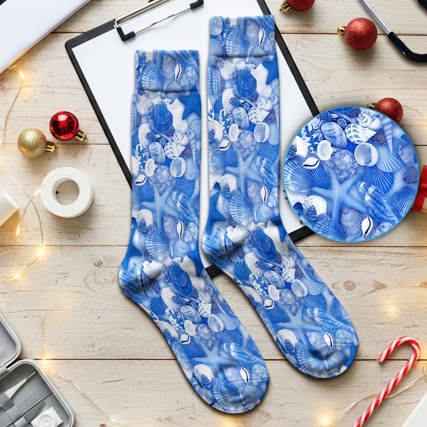 Blue Seashell Starfish Ocean Pattern Socks, Adult Socks for Men and Women