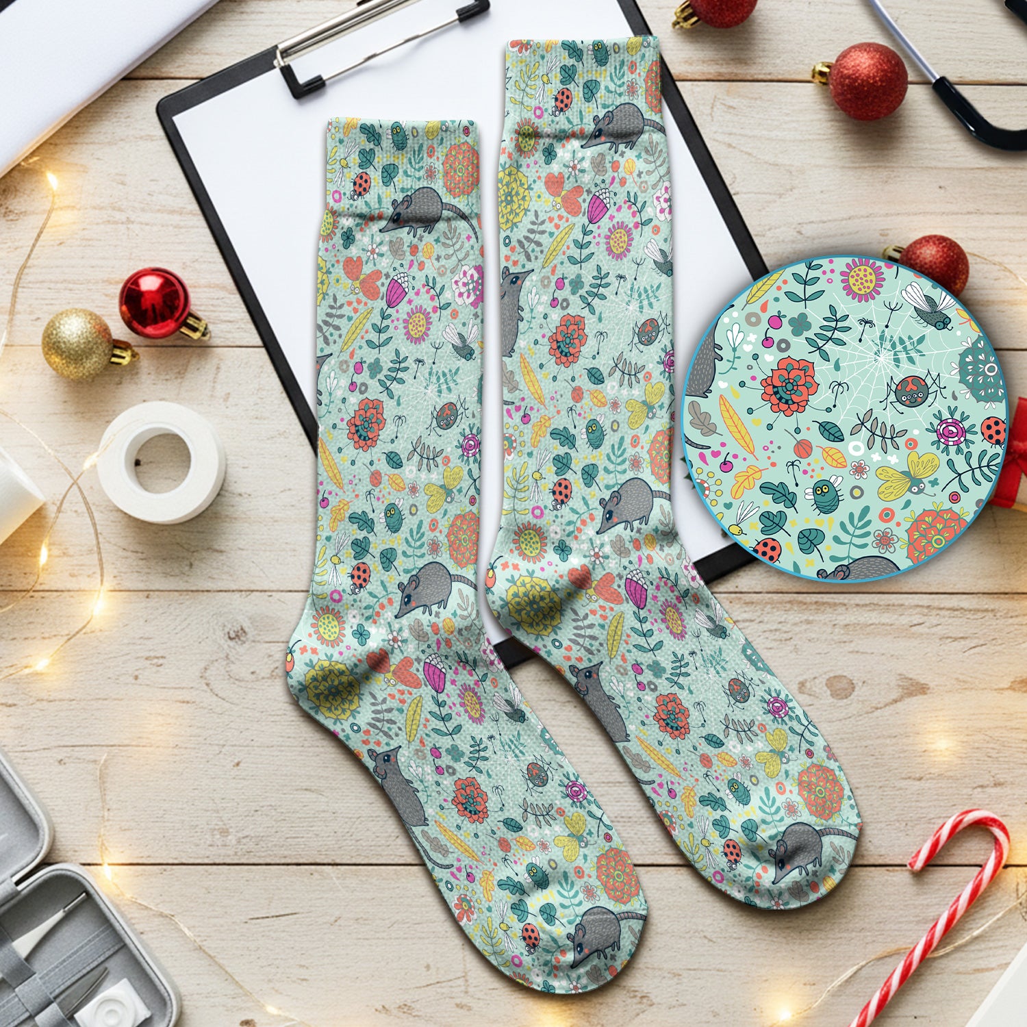Woodland Mouse Floral Pattern Socks, Breathable Fabrics Medical Uniform