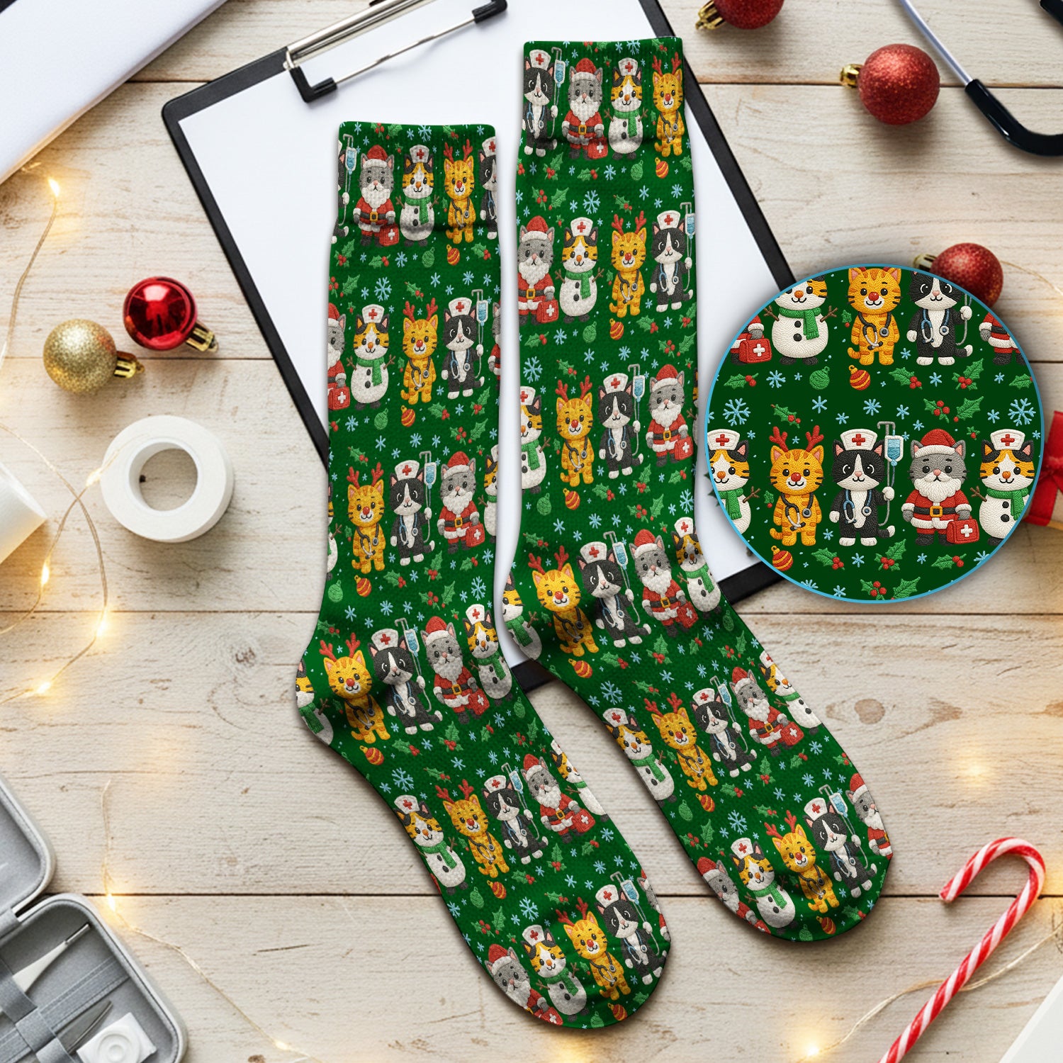 Christmas Cat Nurse Pattern Scrub Socks, Cute Holiday Kitty Medical Uniform Sock For Nursing