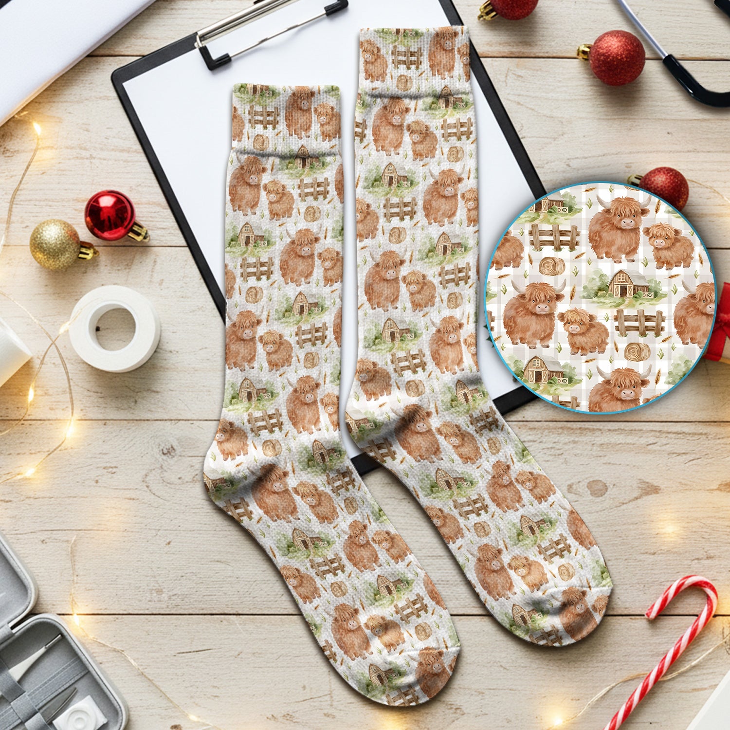 Cute Highland Cow With Farm Barn Fence Socks, Adult Socks for Men and Women