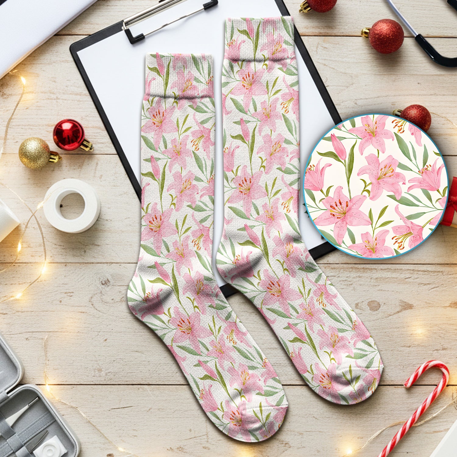 Cute Pink Lily Floral Nurse Pattern Nurse Socks, Socks for Nurse Doctor