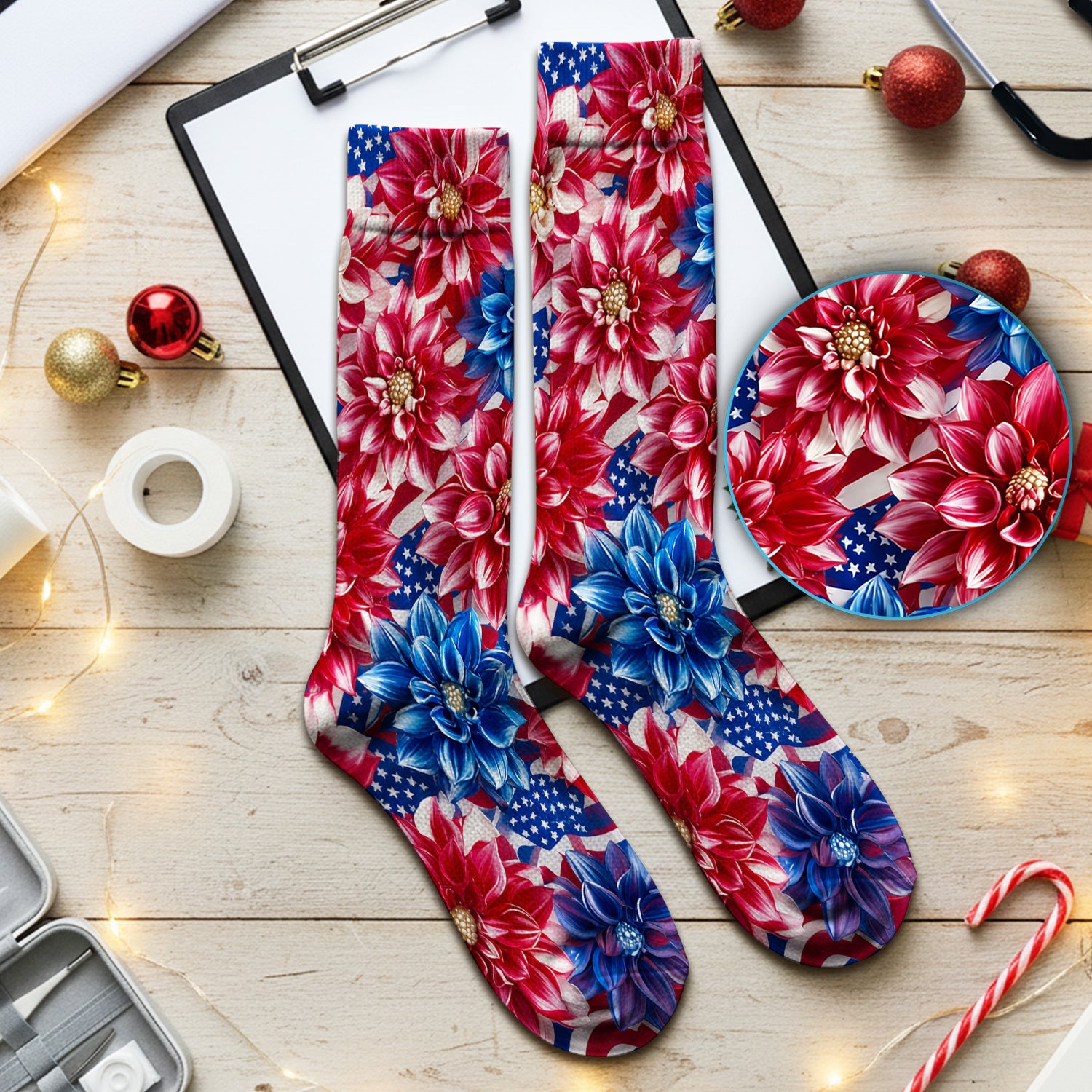 Festive Patriotic Floral Flag Pattern Socks, Adult Socks for Men and Women