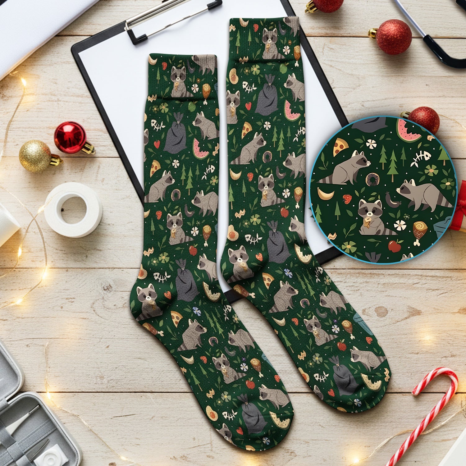 Cute Raccoon Forest Food Pattern Print Socks, Adult Socks for Men and Women