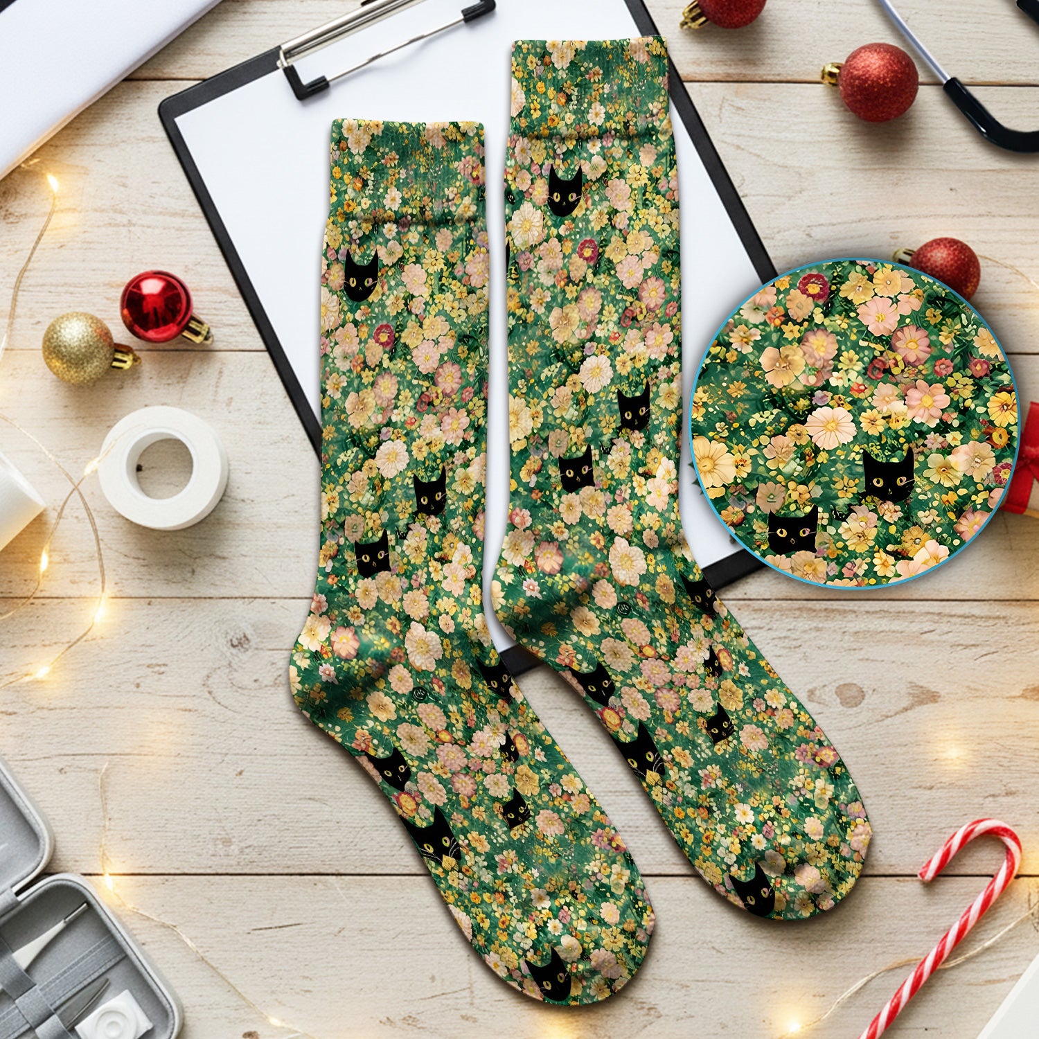 Cute Black Cat In Floral Garden Pattern Socks, Adult Socks for Men and Women