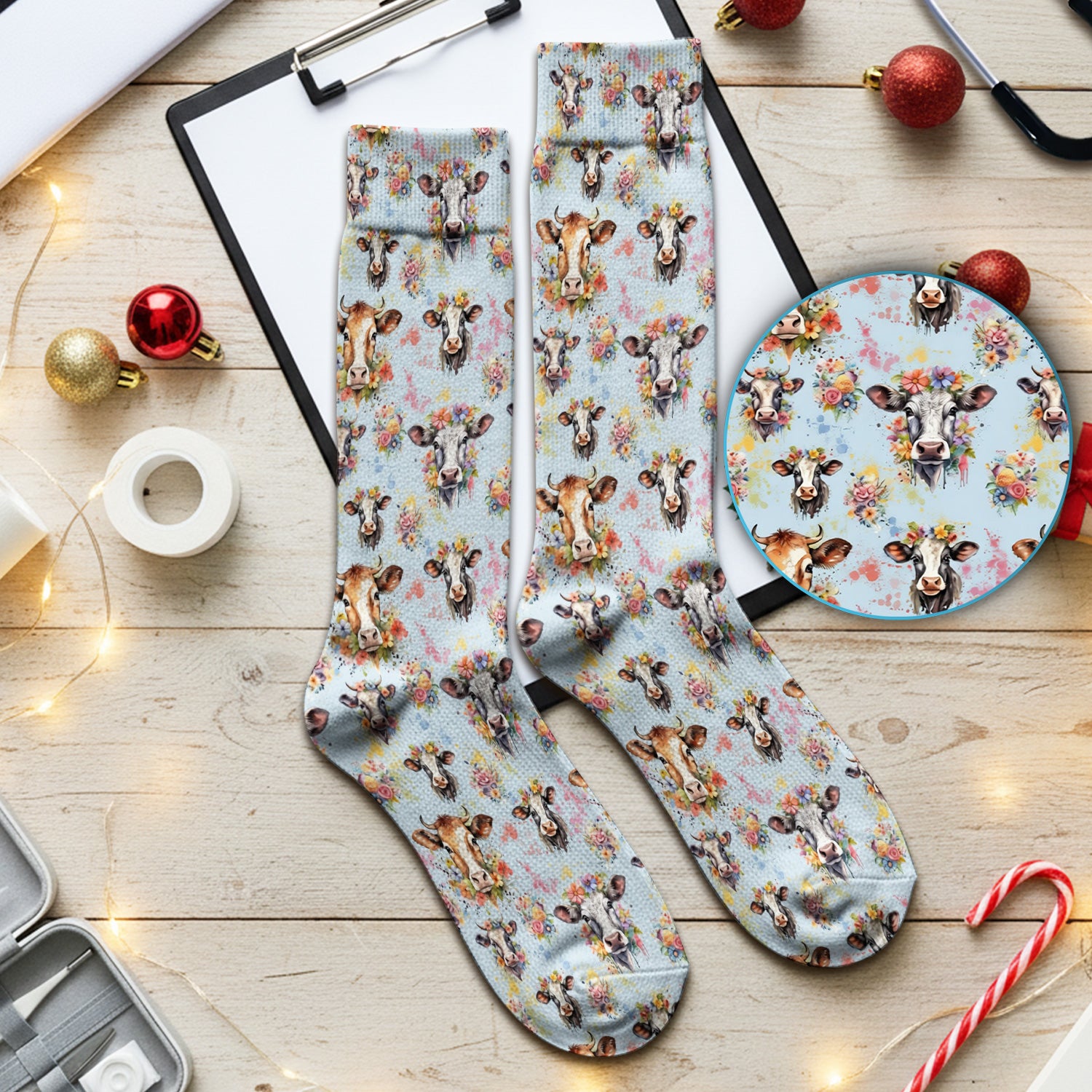 Cute Floral Cow Farm Animal Pattern Socks, Adult Socks for Men and Women