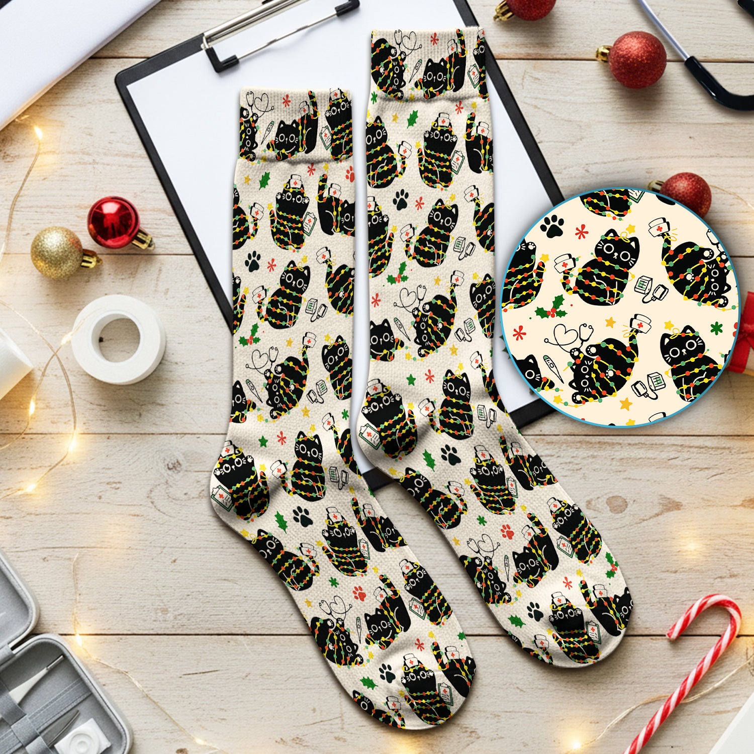 Black Cat Christmas Scrub Socks – Nurse & Holiday Lights Pattern Sock – Cute Medical Uniform For Nursing