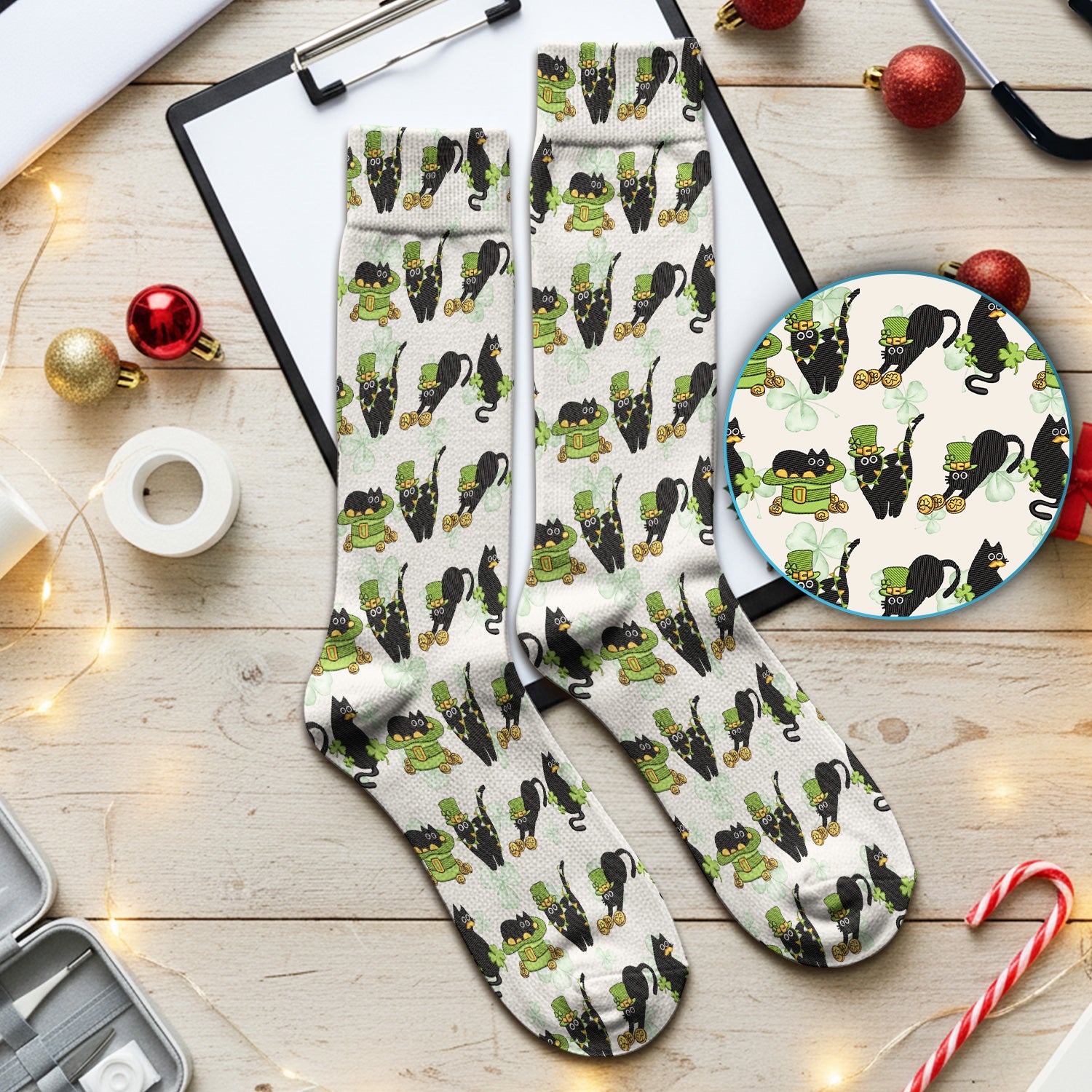 St. Patrick Black Cat Clover Print Medical Socks, Socks for Nurse Doctor