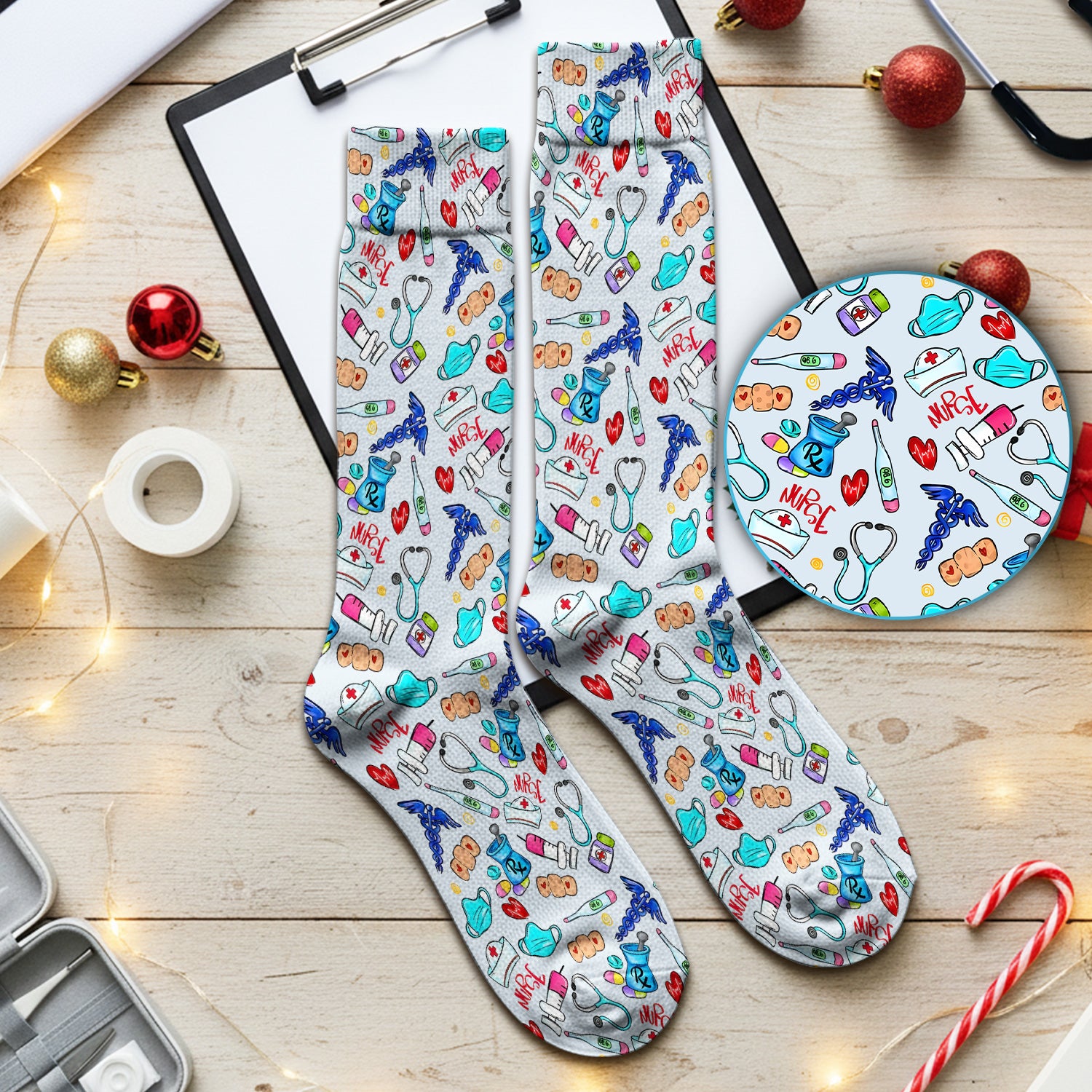 Nurse Medical Icons Stethoscope Heart Pattern Socks, Breathable Fabrics Medical Uniform