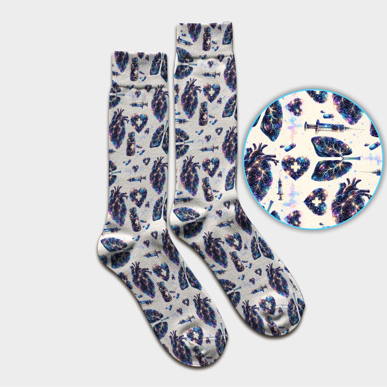 Galaxy Anatomical Heart Lung Syringe Print Socks, Breathable Fabrics Medical Uniform