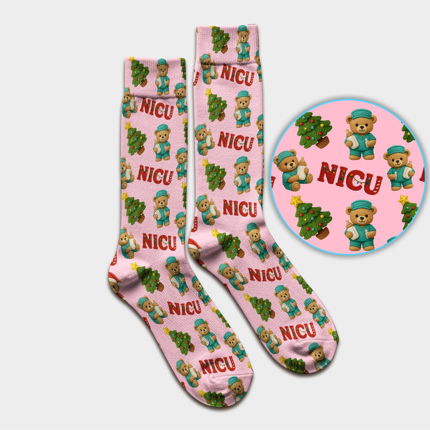 Festive Christmas NICU Nurse Teddy Bear Pattern Print Socks, Adult Socks for Men and Women