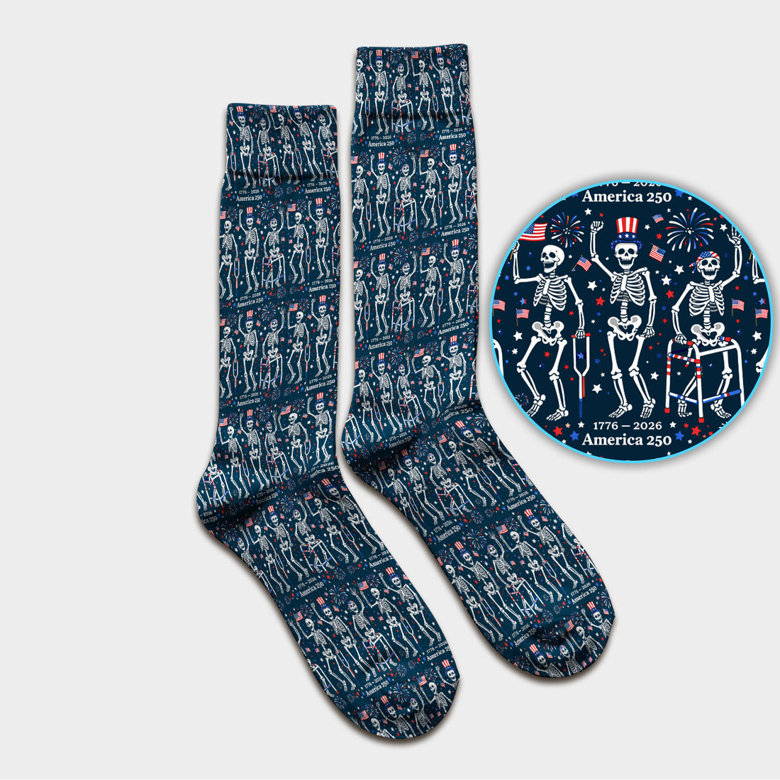 Festive Patriotic Skeleton America 250 Pattern Socks, Socks for Nurse Doctor