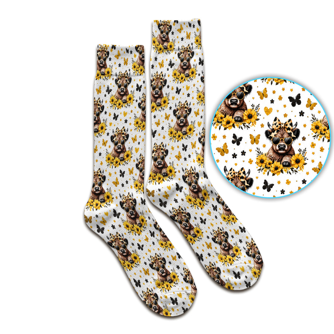 Cow With Sunflower Bow Pattern Socks, Adult Socks for Men and Women